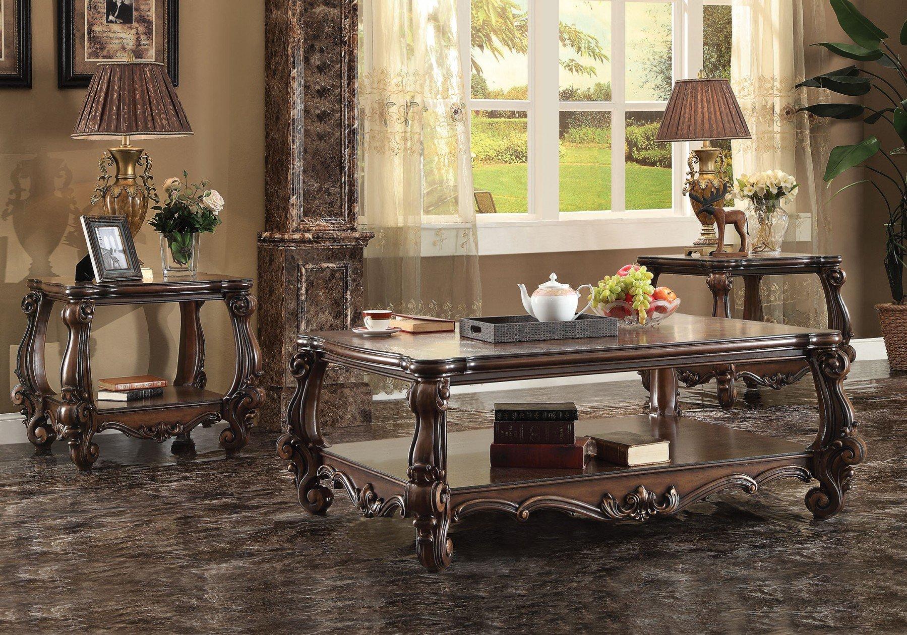 Classic, Traditional Coffee Table End Table Versailles 82120 82121 82120-3PC in Cherry, Brown 