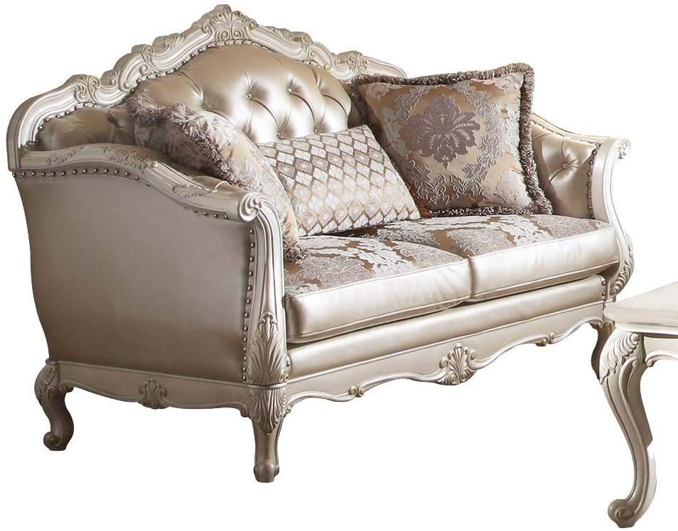 

        
Acme Furniture Chantelle 53540 Sofa Loveseat and Table Set Pearl White/Platinum Fabric 00840412013591
