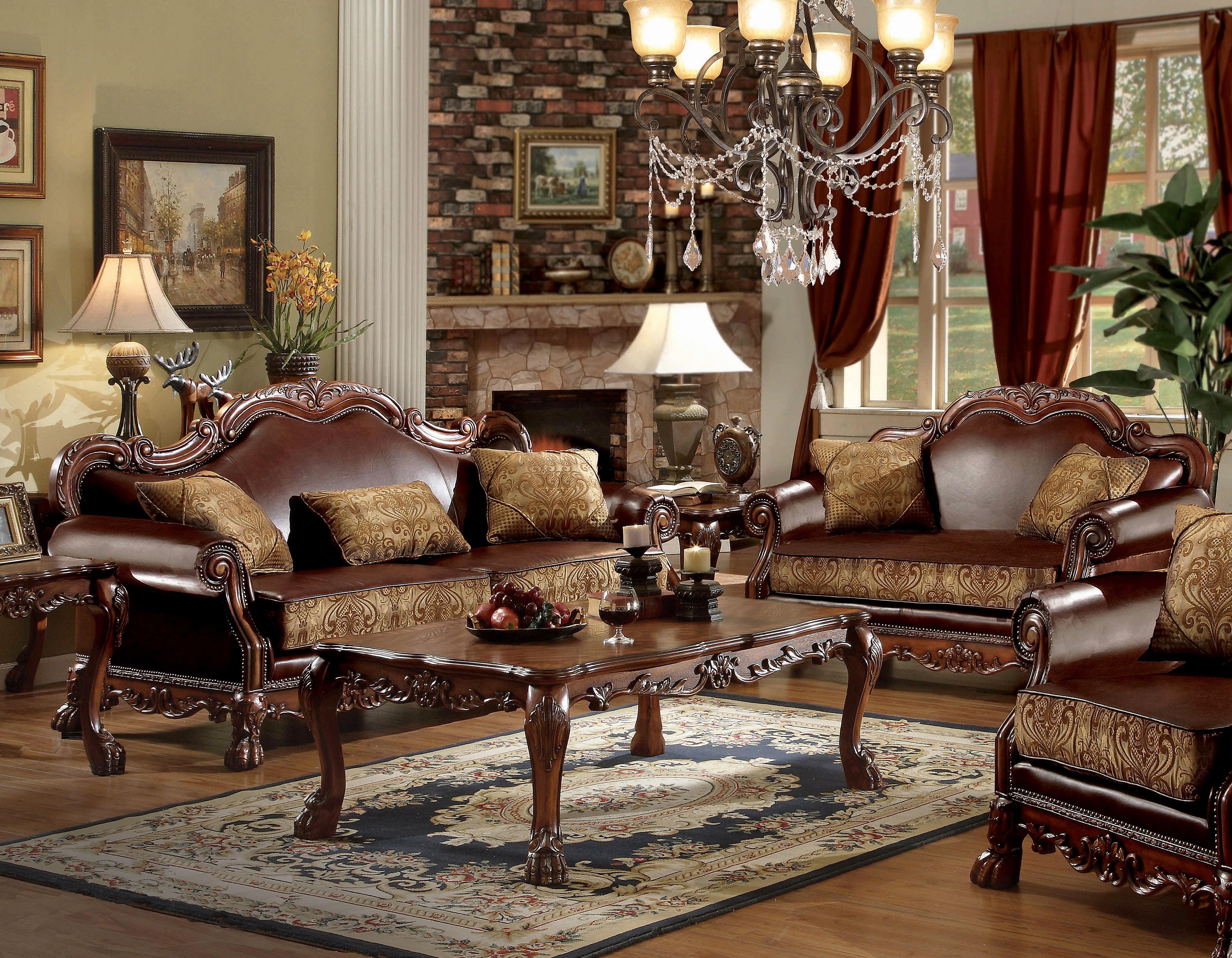 

    
Cherry Oak & Brown Chenille Sofa Set 2P Dresden-15160 Acme Traditional Victorian
