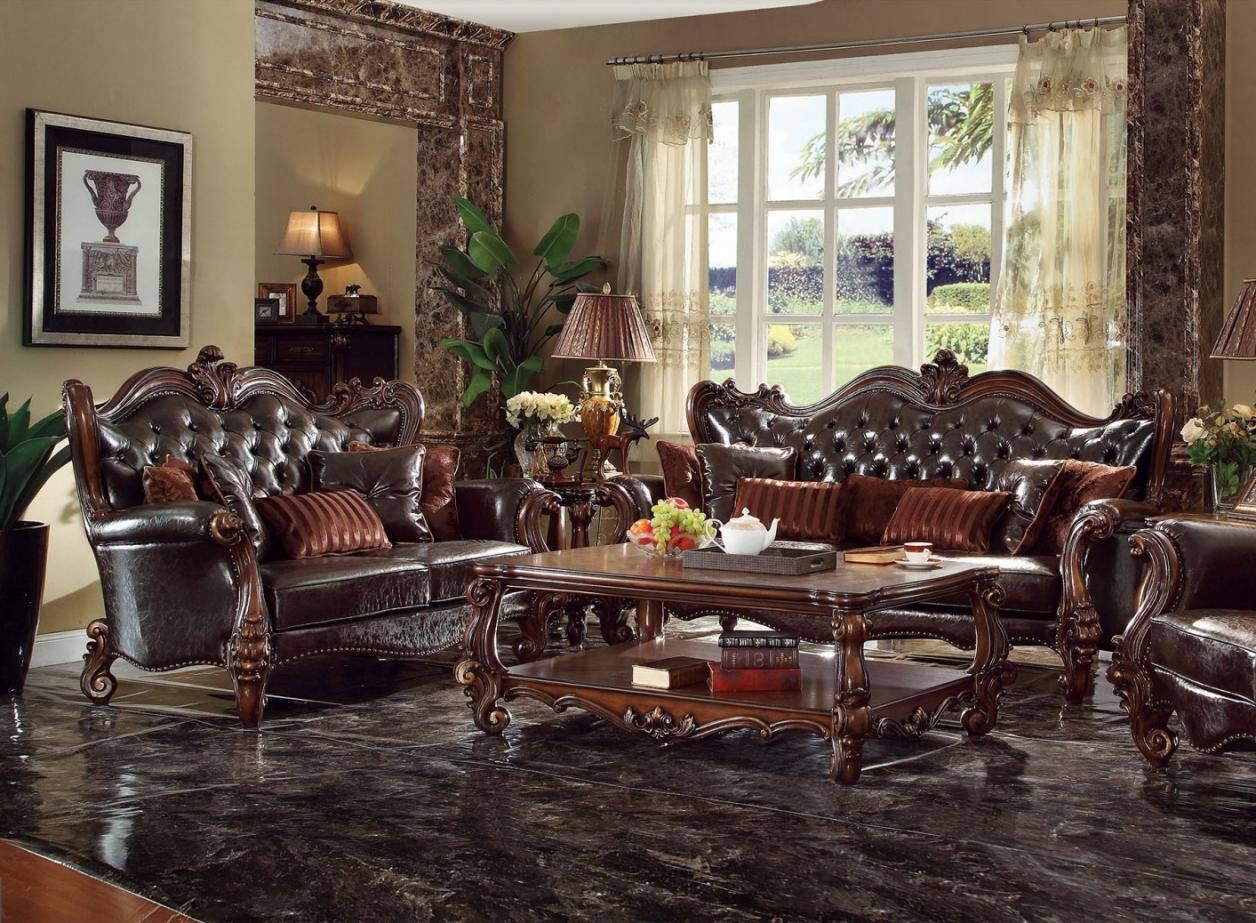 Classic, Traditional Sofa and Loveseat Set 52120 Versailles 52120 Versailles-Set-2 in Dark Brown, Brown Leather