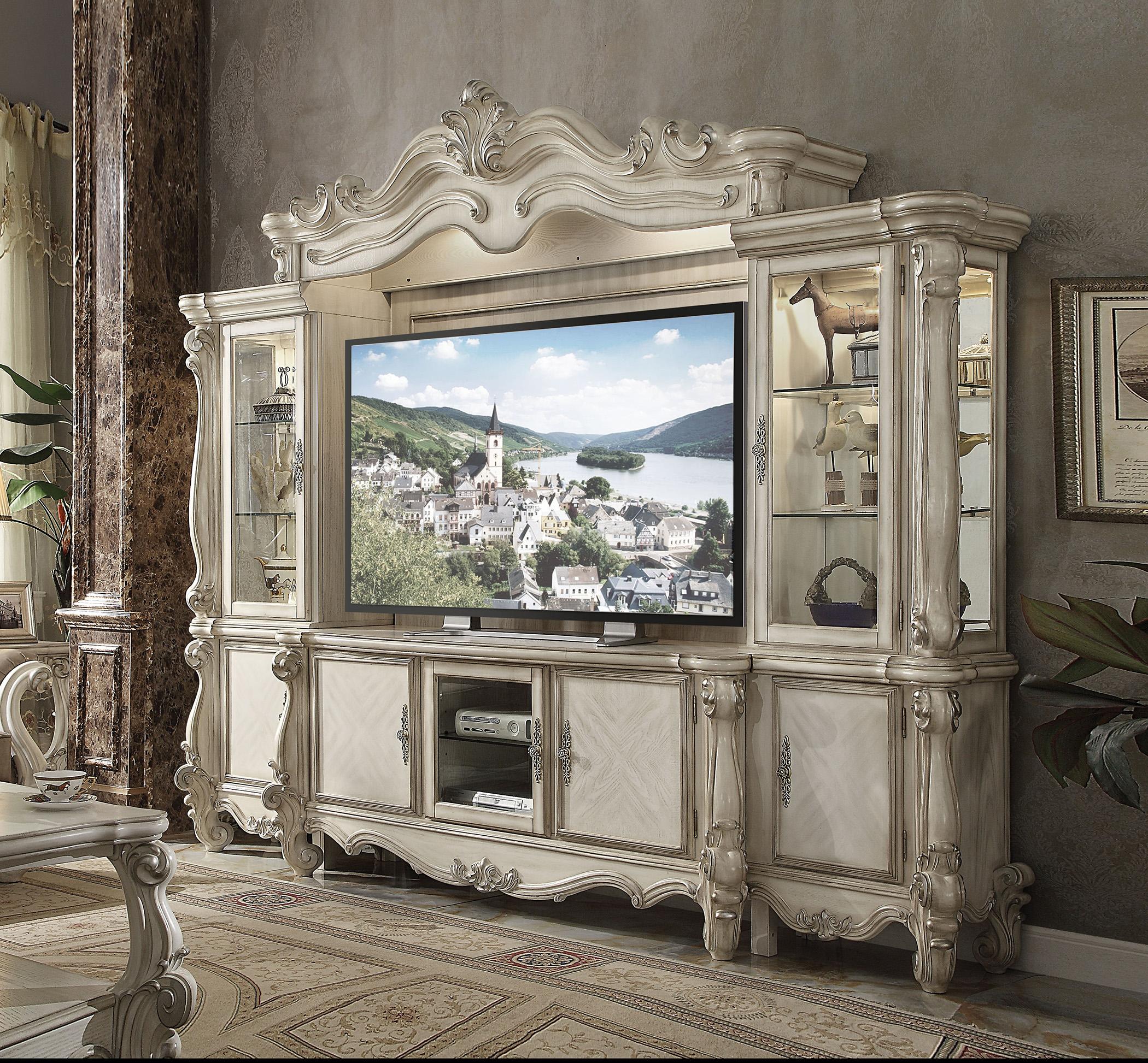 Traditional,  Vintage TV Entertainment Center Versailles-91320 Versailles-91320-91324 in Bone, White, Gold Lacquer