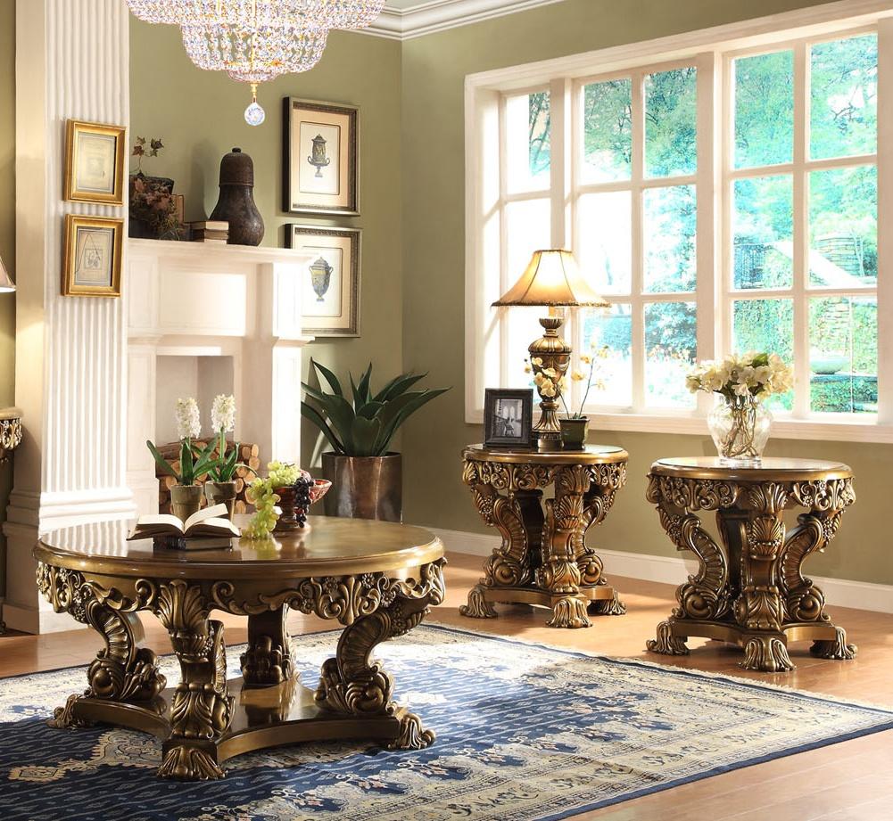 Traditional Coffee Table Set HD-8008-CTSET3 HD-8008-CTSET3 in Gold Finish, Brown 