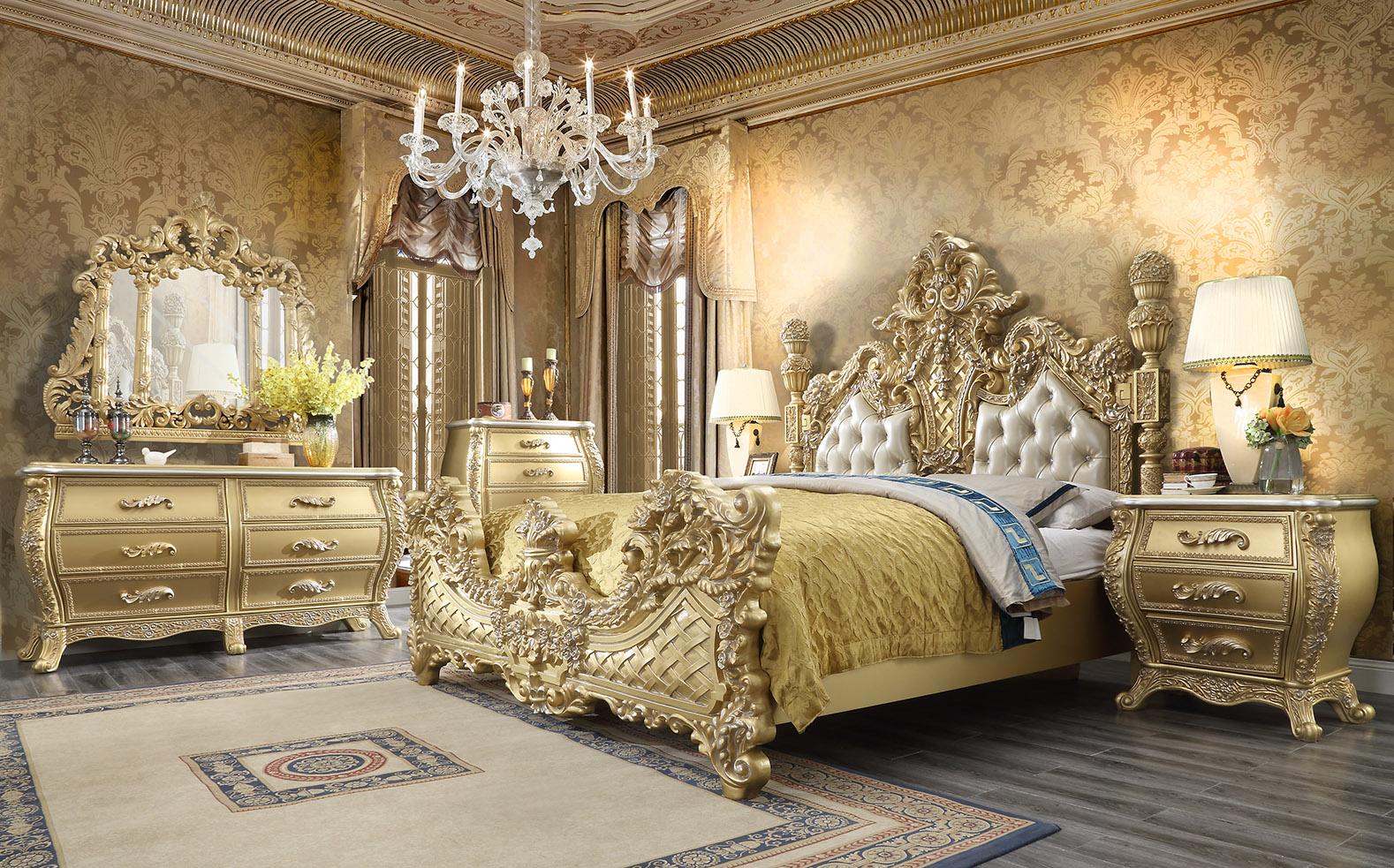 Traditional Platform Bed Set HD-1801 HD-CK1801-6PC in Metallic, Gold Finish, Antique Leather