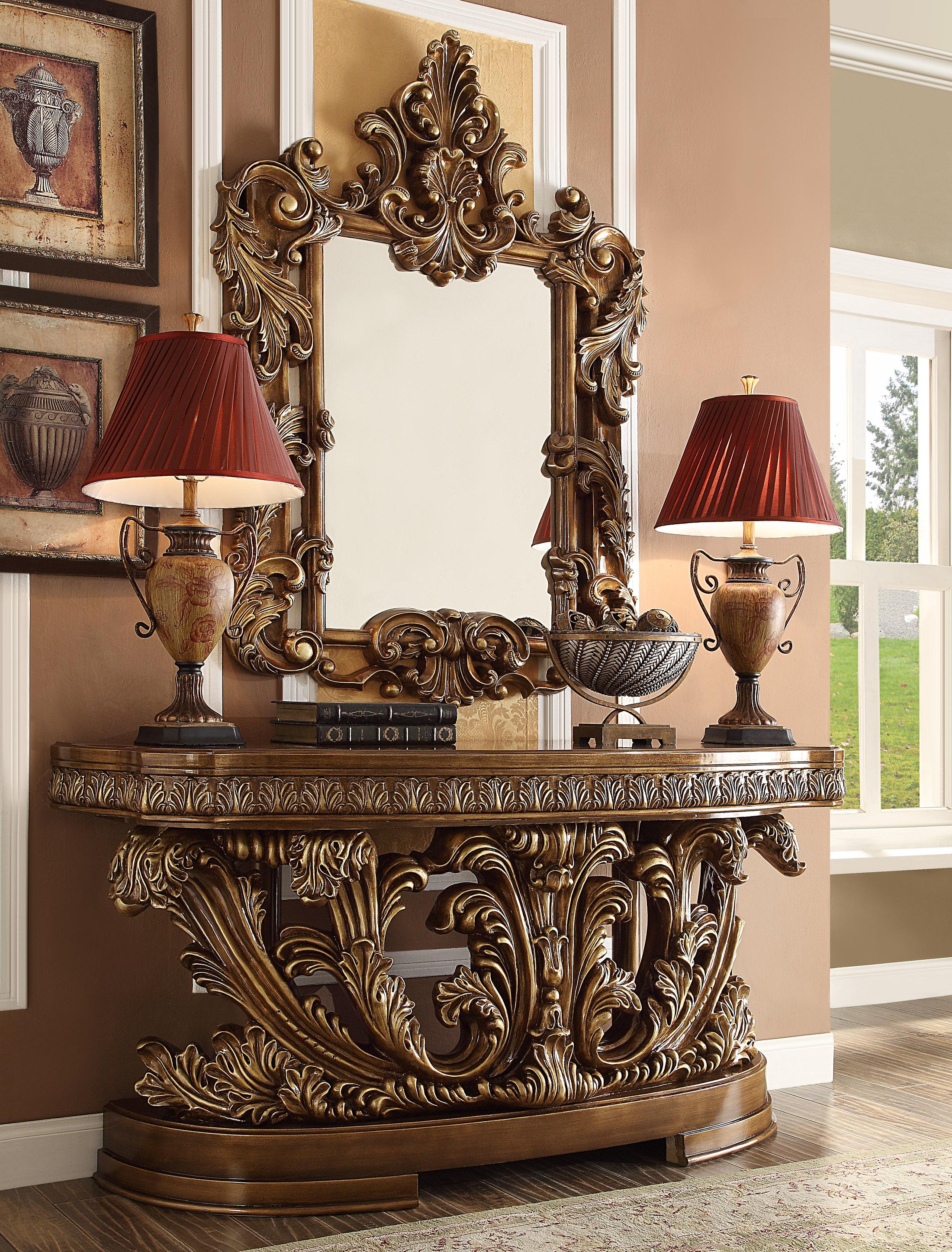 

    
Antique Gold & Perfect Brown Console Table & Mirror Traditional Homey Design HD-8018
