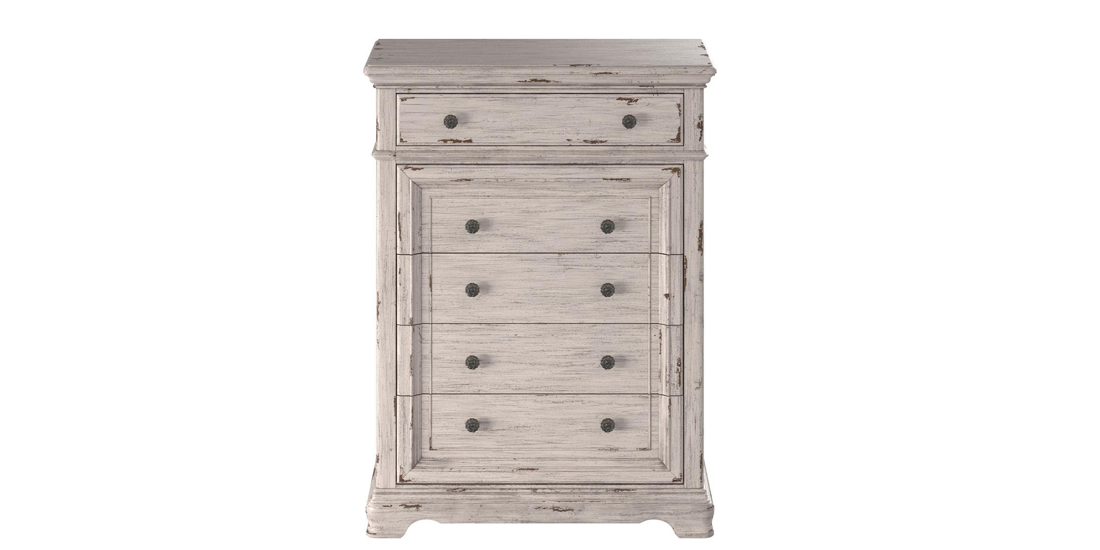 

    
Antique White 5 Drawer Chest PROVIDENCE American Woodcrafters Traditional Rustic
