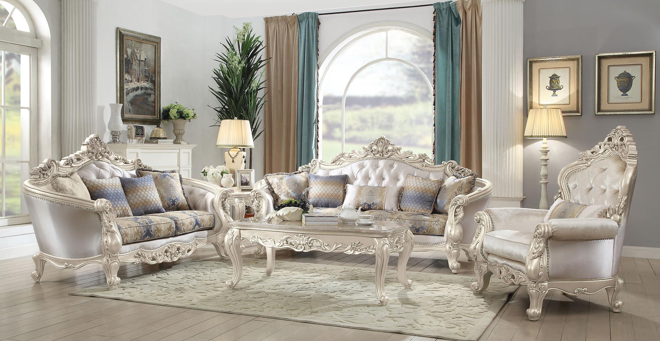 Classic, Traditional Sofa Loveseat Chair and Coffee Table Gorsedd Gorsedd-52440-Set-4 in Antique White, Cream Fabric