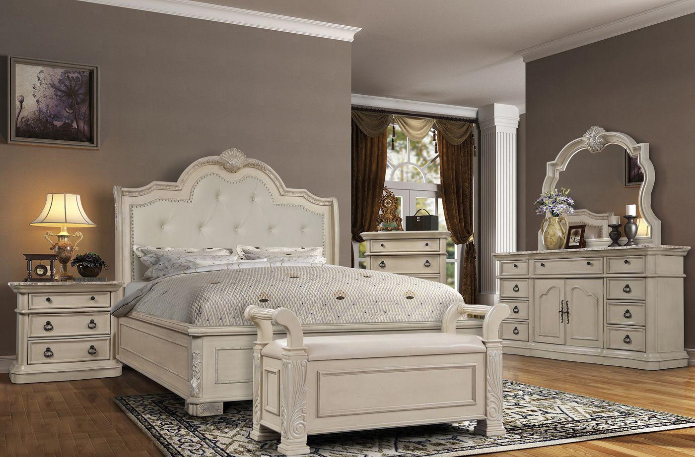 Classic, Traditional Panel Bedroom Set B6007 B6007-K-2NDMCB-7PC in Antique White Bonded Leather
