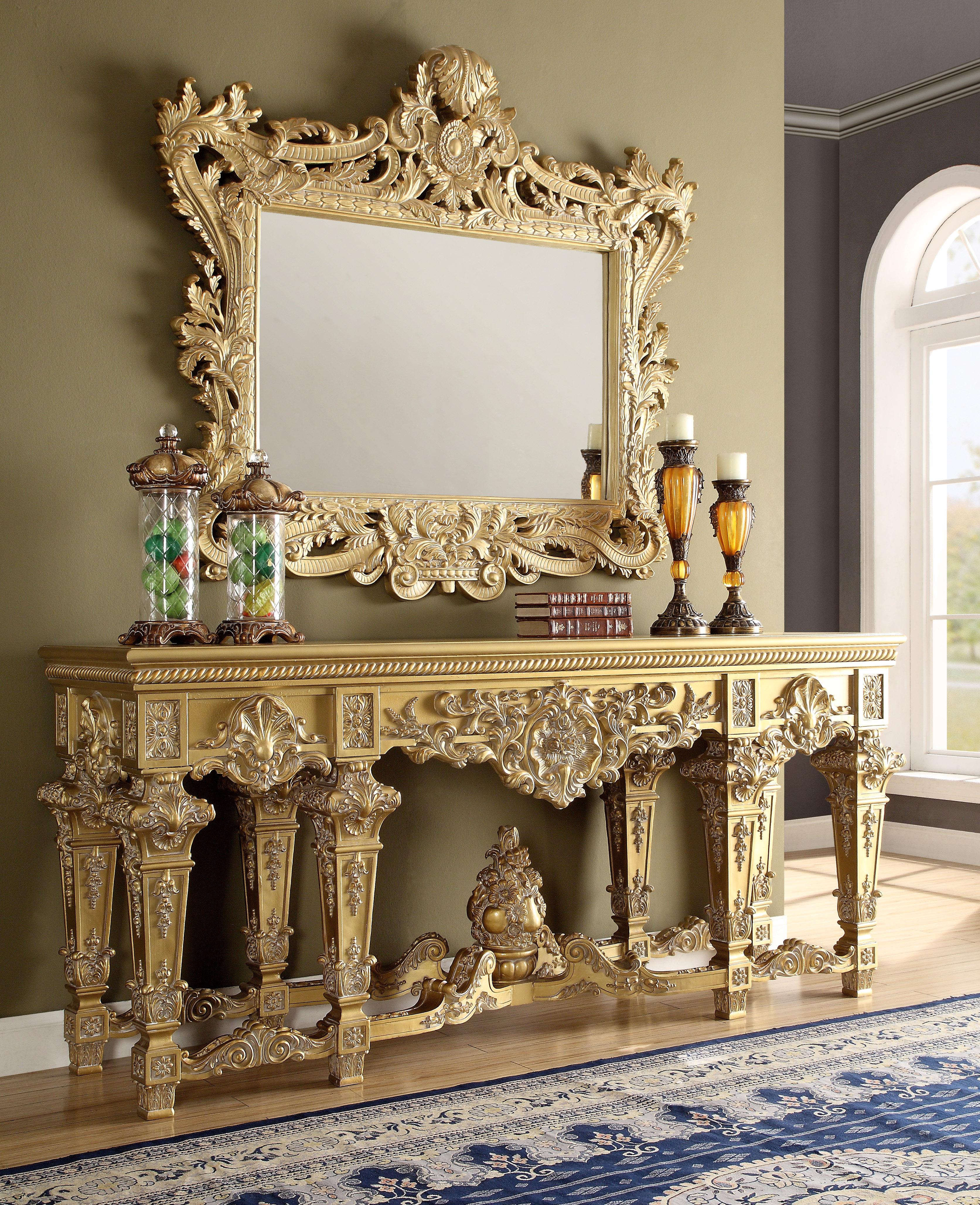 

    
Rich Gold Console Table Carved Wood Traditional Homey Design HD-8086
