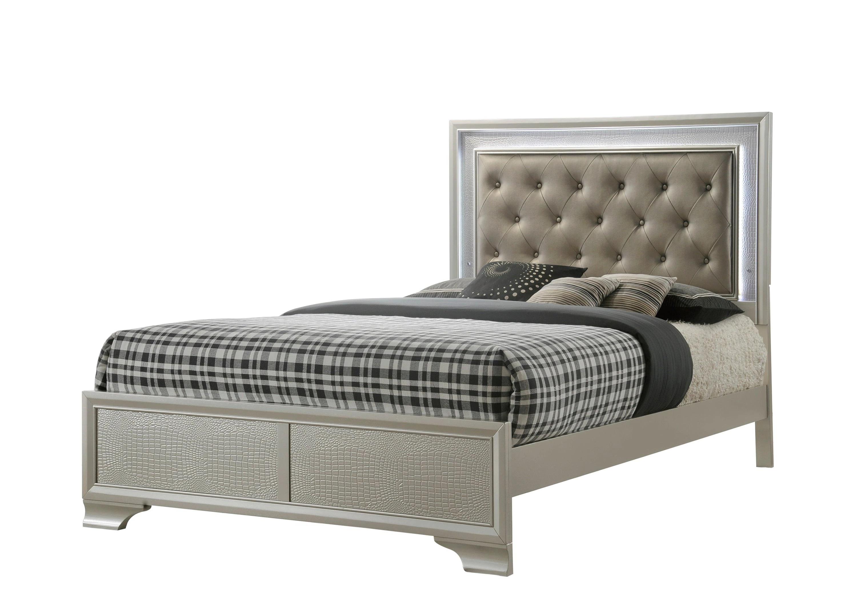 Modern Panel Bed Lyssa B4300-Q-Bed in Beige Crocodile Texture
