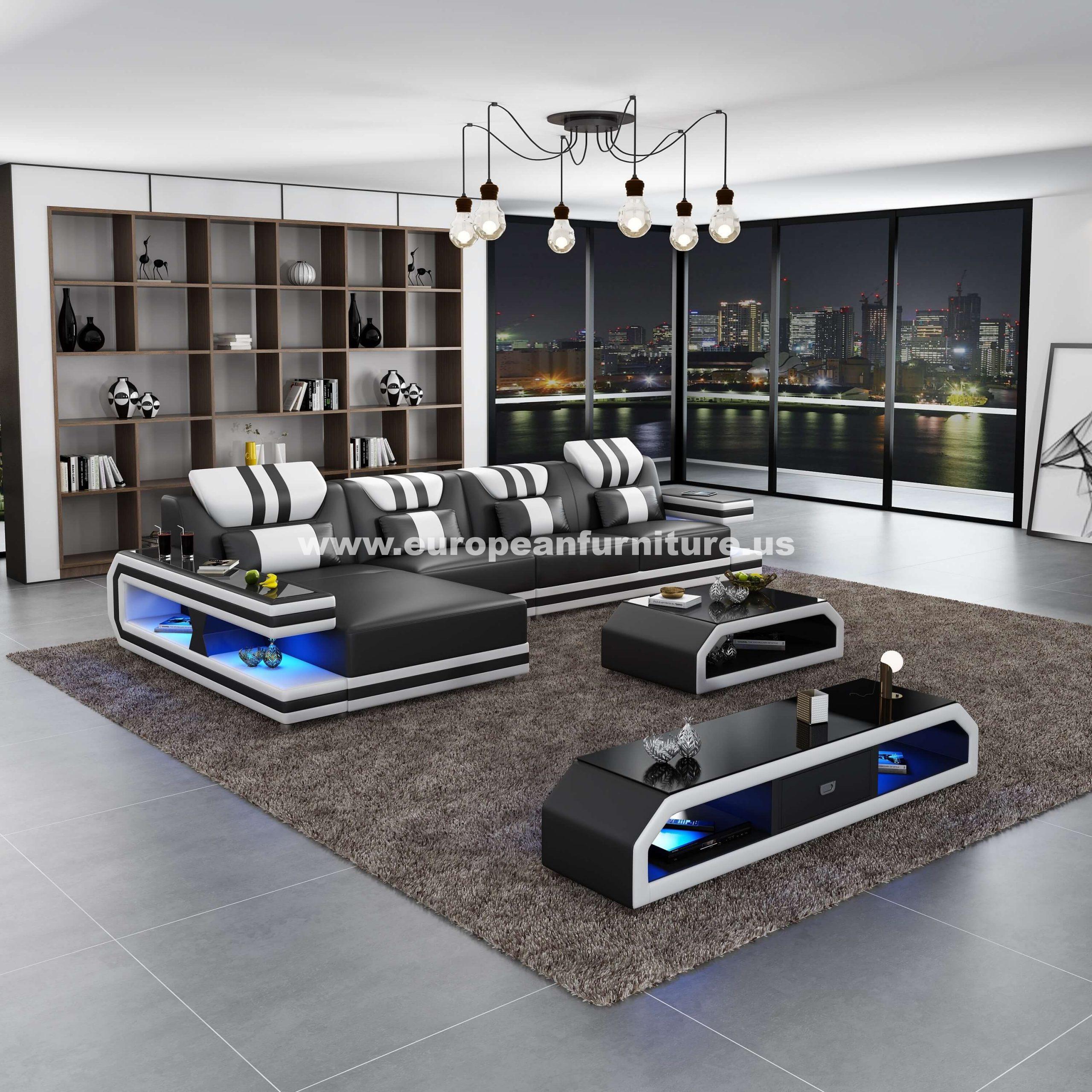 Contemporary, Modern Sectional Sofa LIGHTSPEED LED-BW-88880-LHF in White, Black Italian Leather