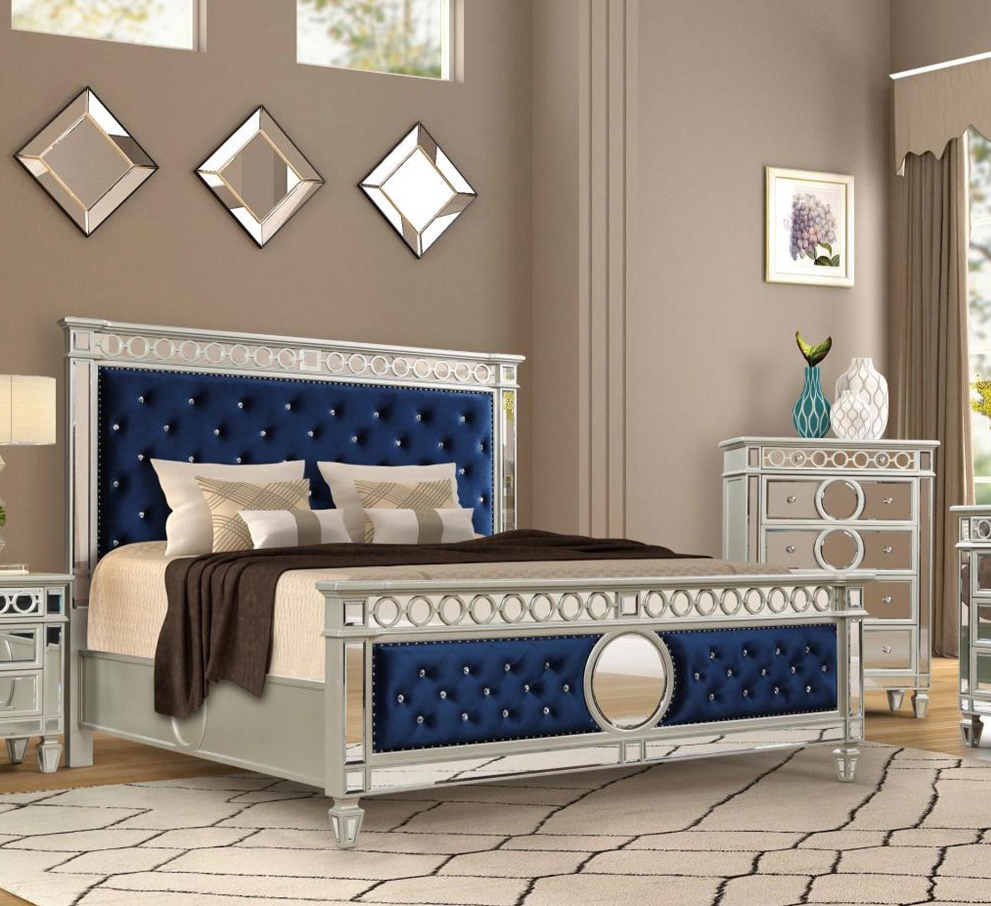 Contemporary, Modern Panel Bed B1688 B1688-K in Silver, Blue Velvet