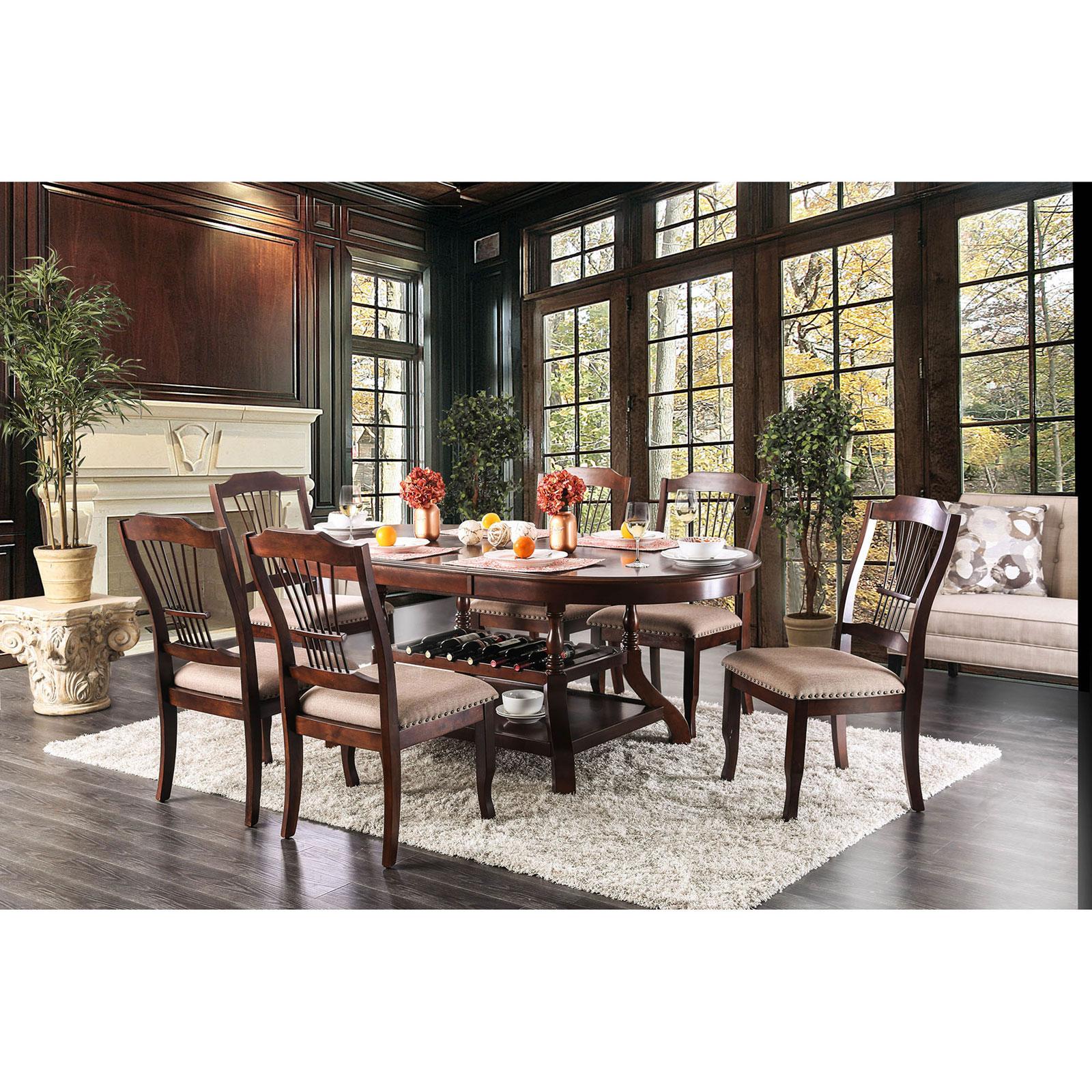 

    
Transitional Brown Cherry & Beige Solid Wood Dining Table Set 7pcs Furniture of America Jordyn

