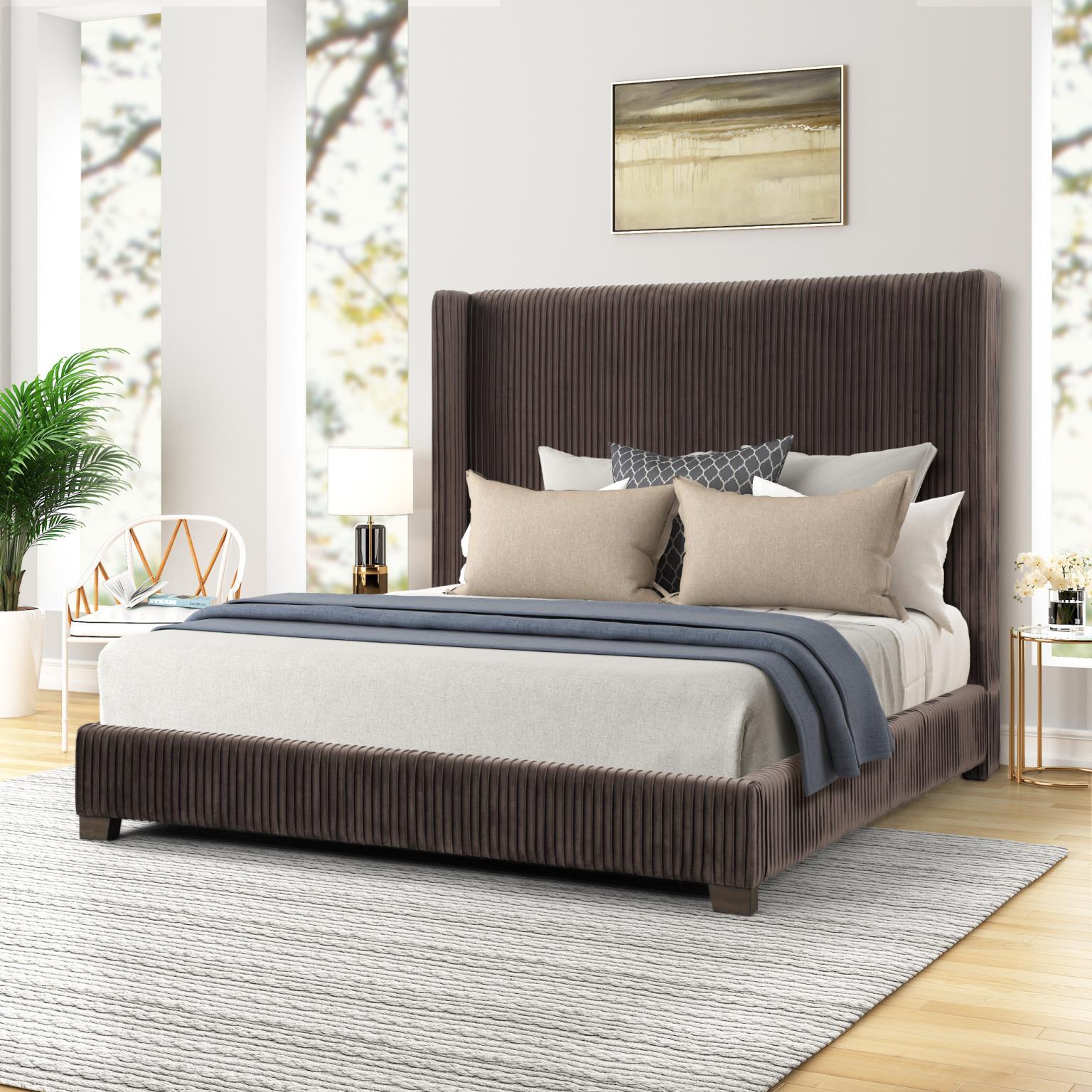 Modern, Transitional Upholstered Bed Milo 1149-105 1149-105 in Brown Velvet