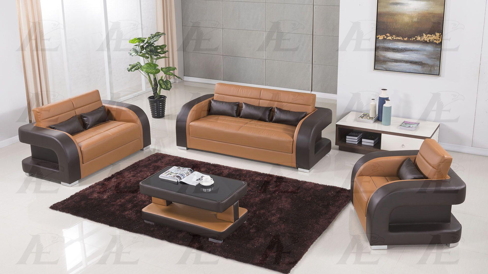 Modern Sofa Set AE-D816 AE-D816-CA.DB-Set-4 in Camel, Dark Brown Bonded Leather
