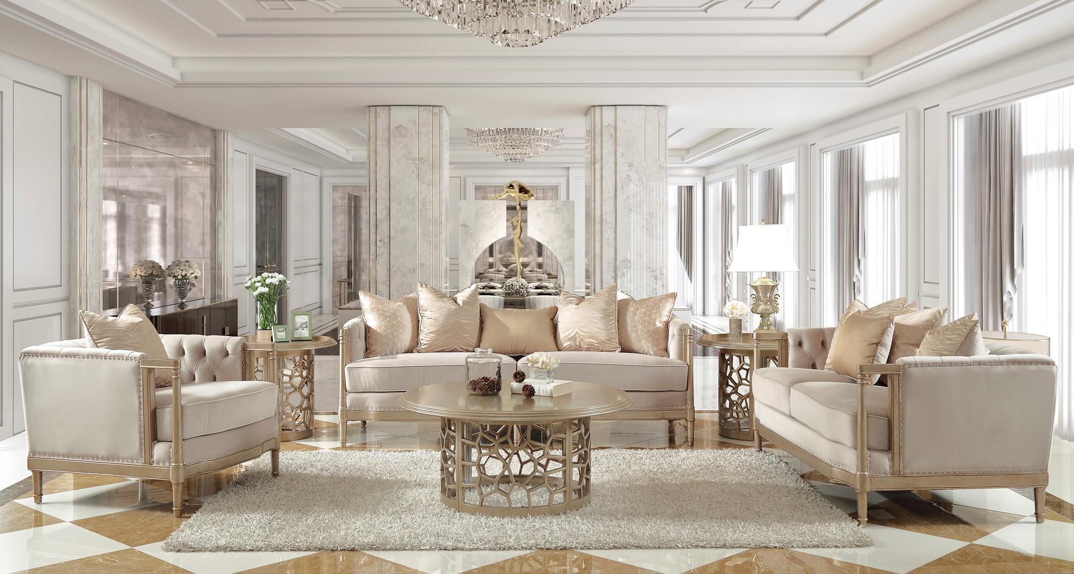 

    
Champagne Finish Luxury Fabric Sofa Set 4Pcs w/ Coffee Table Traditional Homey Design HD-625
