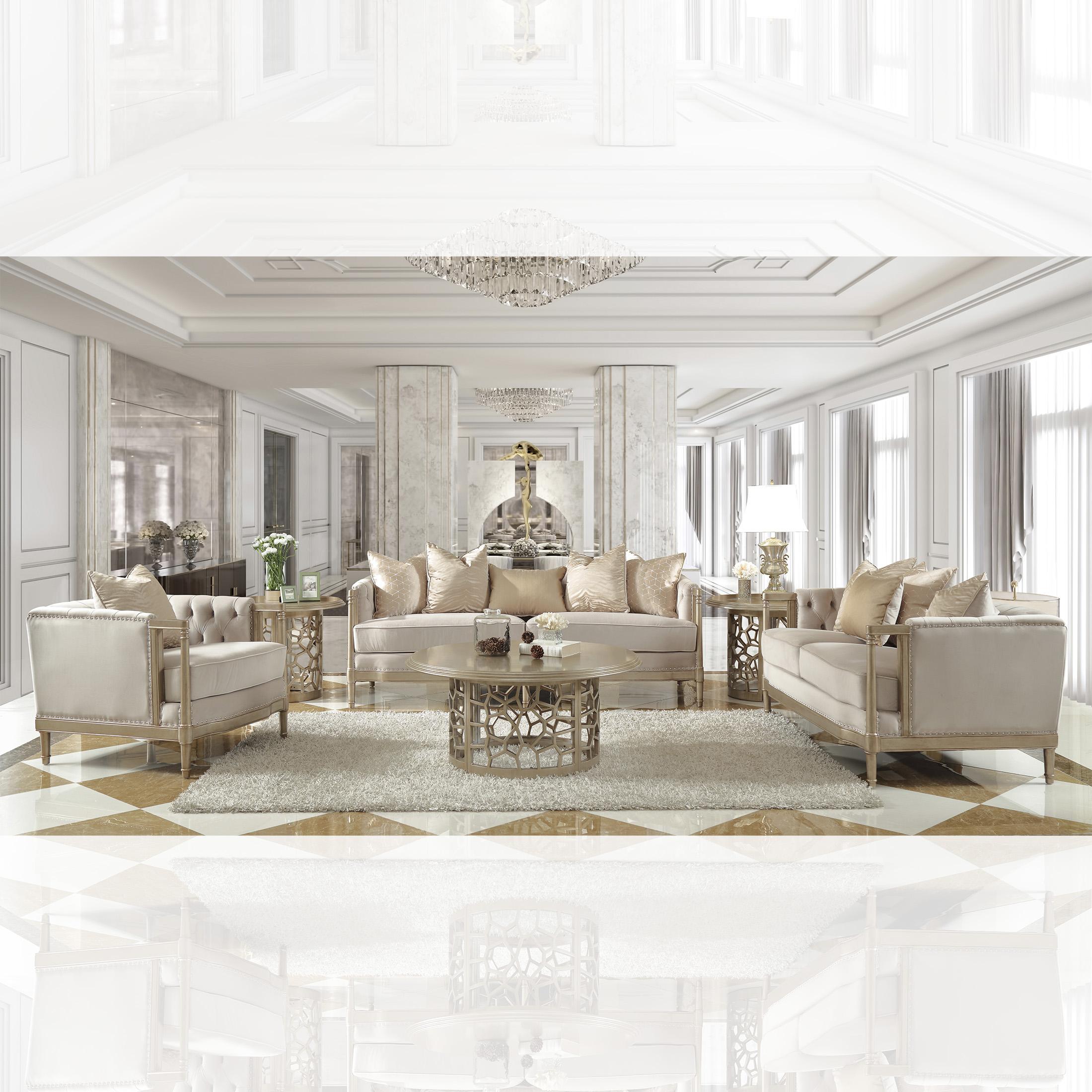 

                    
Buy Champagne Finish Luxury Fabric Sofa Set 4Pcs w/ Coffee Table Traditional Homey Design HD-625
