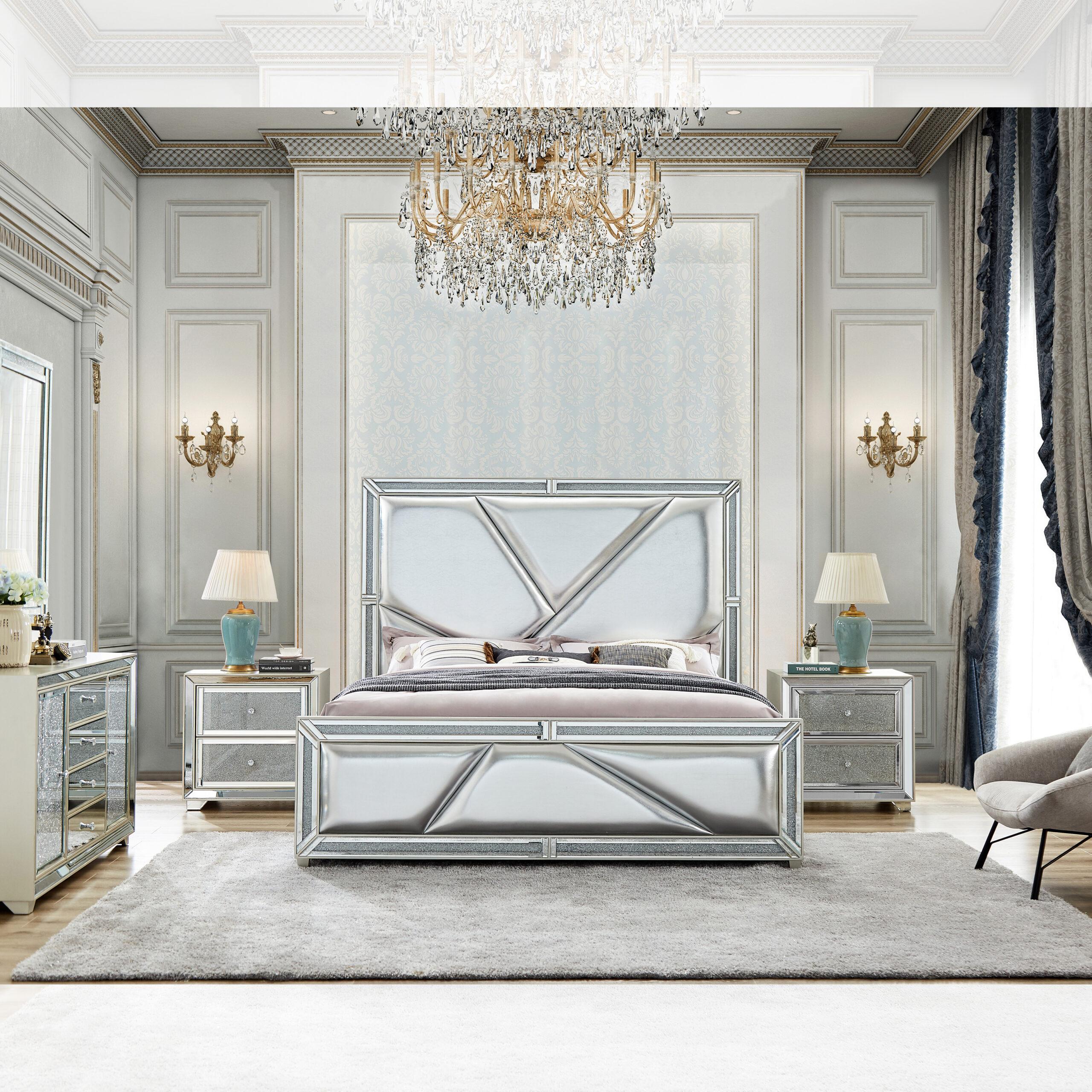Modern Panel Bedroom Set HD-6045 HD-6045CK-BED-3PC in Silver, Champagne Leather