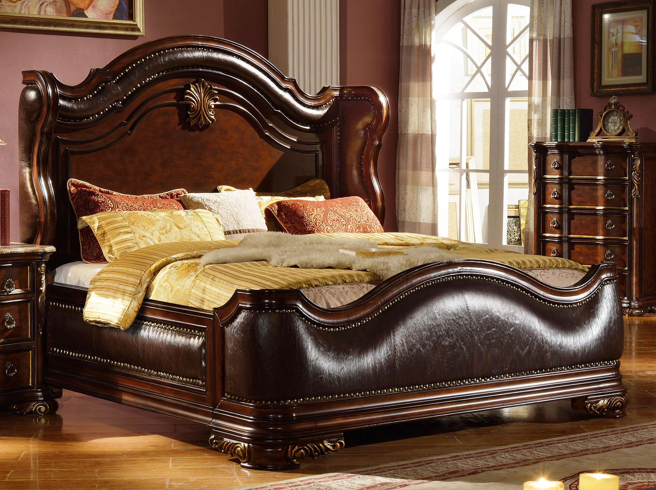 Classic, Traditional Sleigh Bed B3000 B3000-EK in Cherry Leather