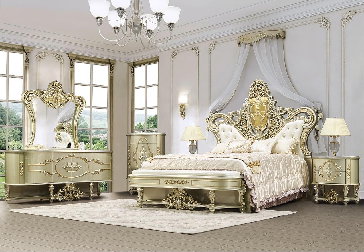 Classic Platform Bedroom Set HD-958-7PC HD-958-CK BED-7PC in Gold Bonded Leather