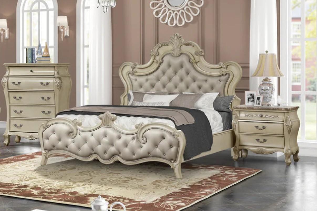 Classic Panel Bed B8300 B8300-EK in Antique White Bonded Leather