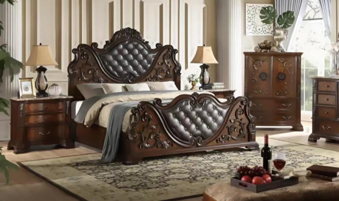 Classic Panel Bedroom Set B9000 B9000-Q-3PC in Cherry Finish, Brown Bonded Leather