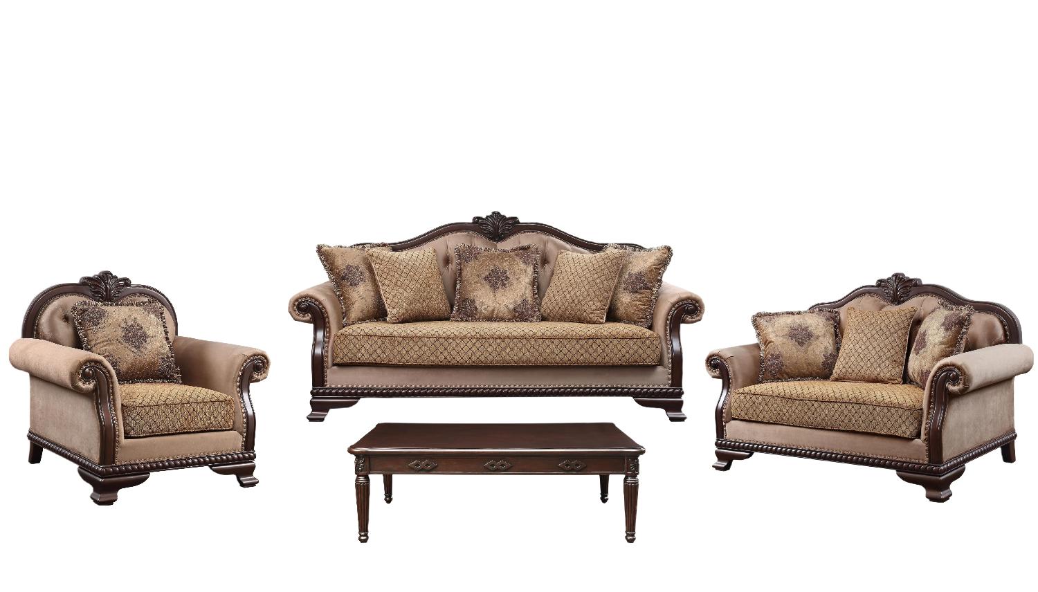 Classic Sofa Loveseat Chair and Coffee Table Chateau De Ville 58265-4pcs in Tan Fabric