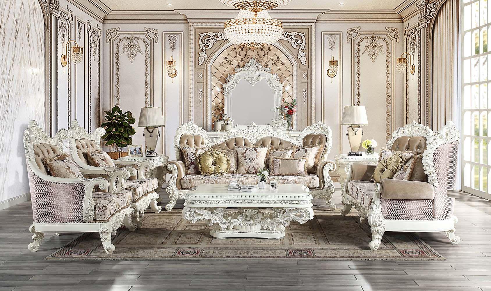 

    
Classic Tan Fabric & Antique White Living Room Set by Acme Vanaheim LV00803-6pcs
