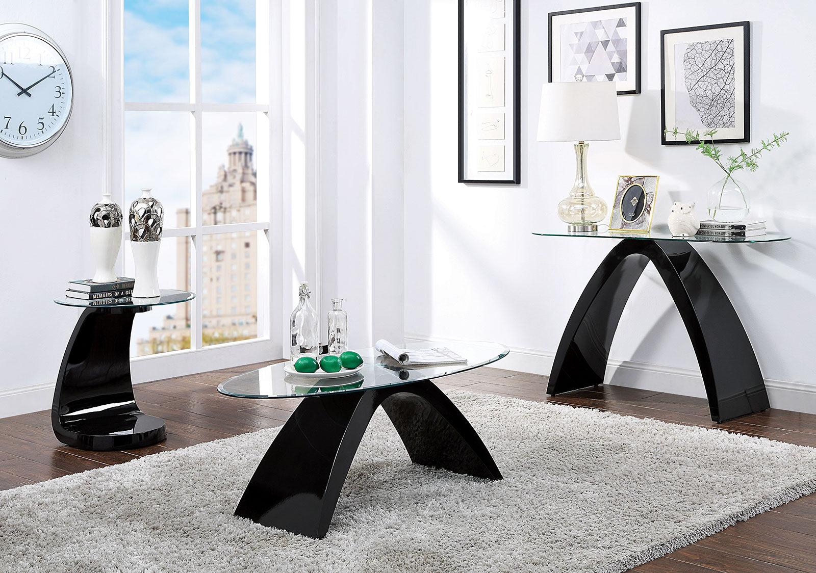 

    
Contemporary Black Tempered Glass Top Coffee Table Set 3pcs Furniture of America Nahara
