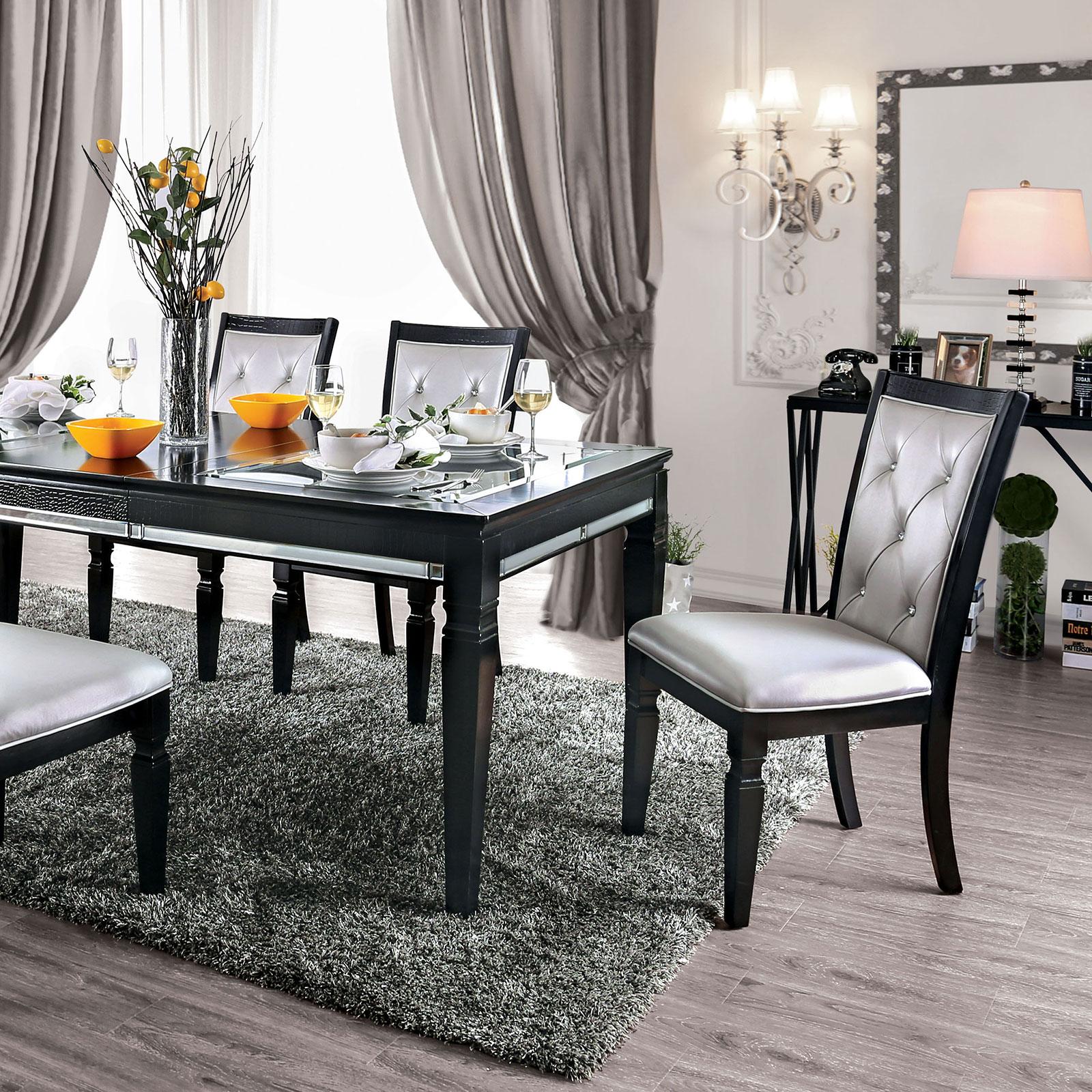 

    
Black Glass & Solid Wood Crocodile Leatherette Dining Table ALENA CM3452BK-T FOA
