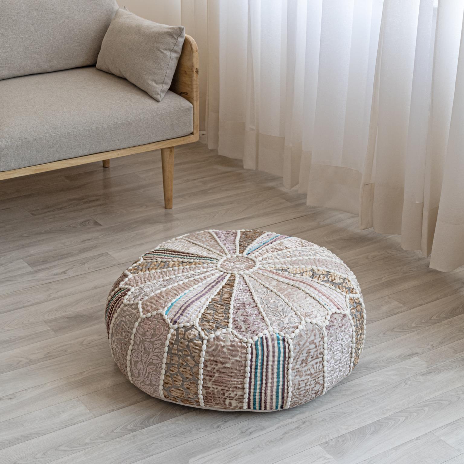 Contemporary Ottoman 1124 Round Pouf 718852653014 718852653014 in Brown Fabric