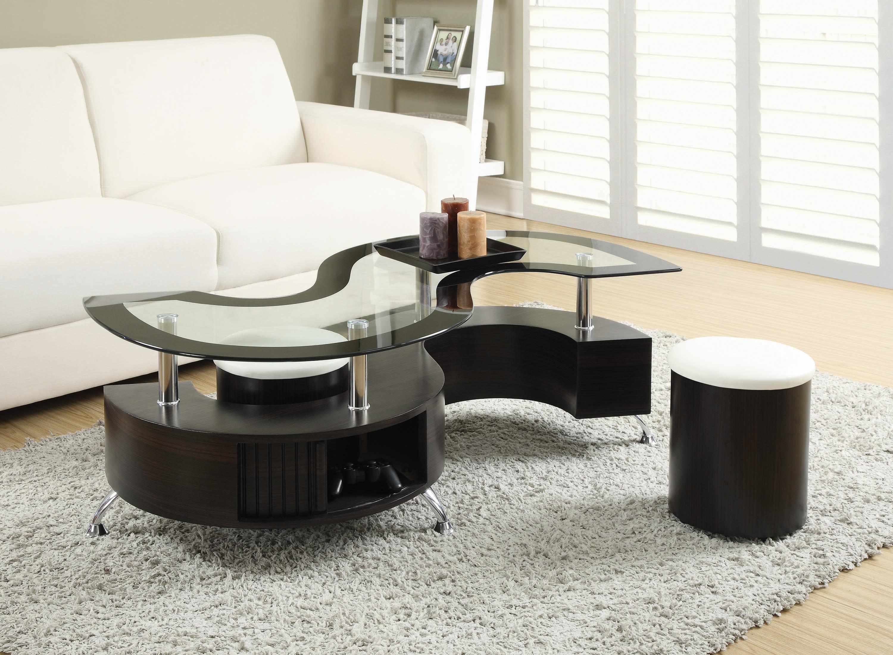 

    
Contemporary Cappuccino & Chrome Glass Coffee Table Set 3pcs Coaster 720218
