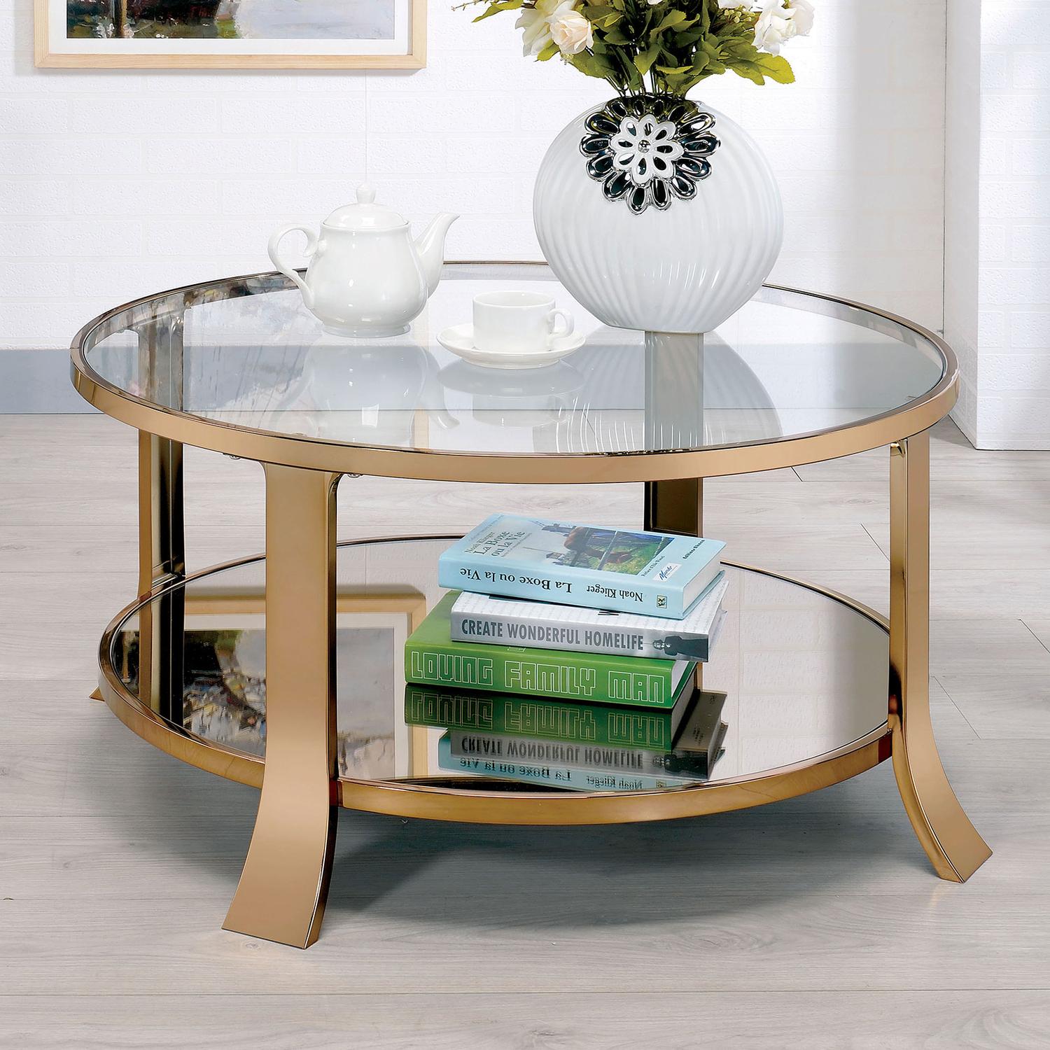 

    
Contemporary Champagne Tempered Glass Coffee Table Furniture of America CM4371C Rikki

