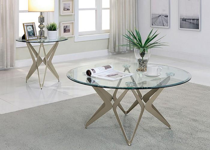

    
Contemporary Champagne Tempered Glass Top Coffee Table Set 3pcs Furniture of America Alvise
