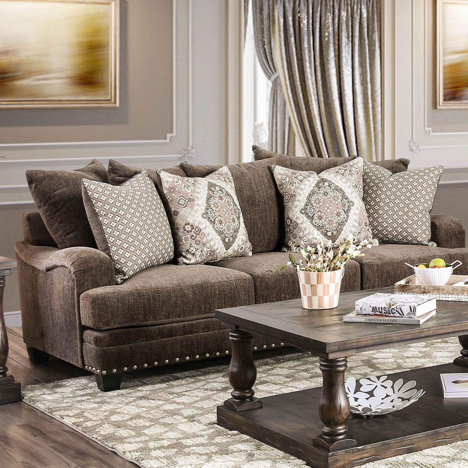 

    
Dark Brown Chenille Sofa PAULINE SM3075-SF Furniture of America Transitional
