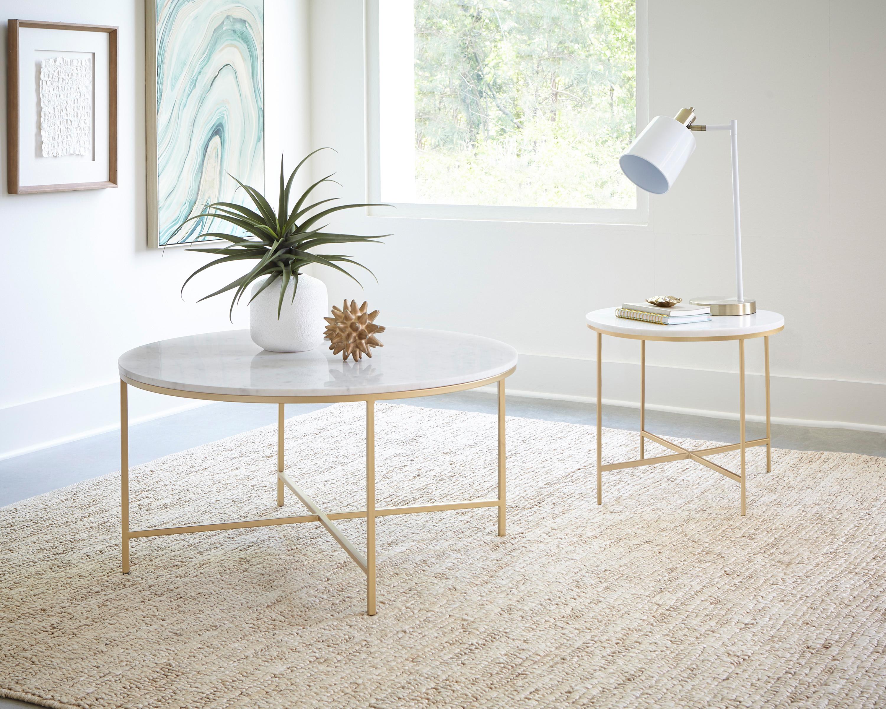 Contemporary Coffee Table Set 723208-S2 723208-S2 in White, Gold 