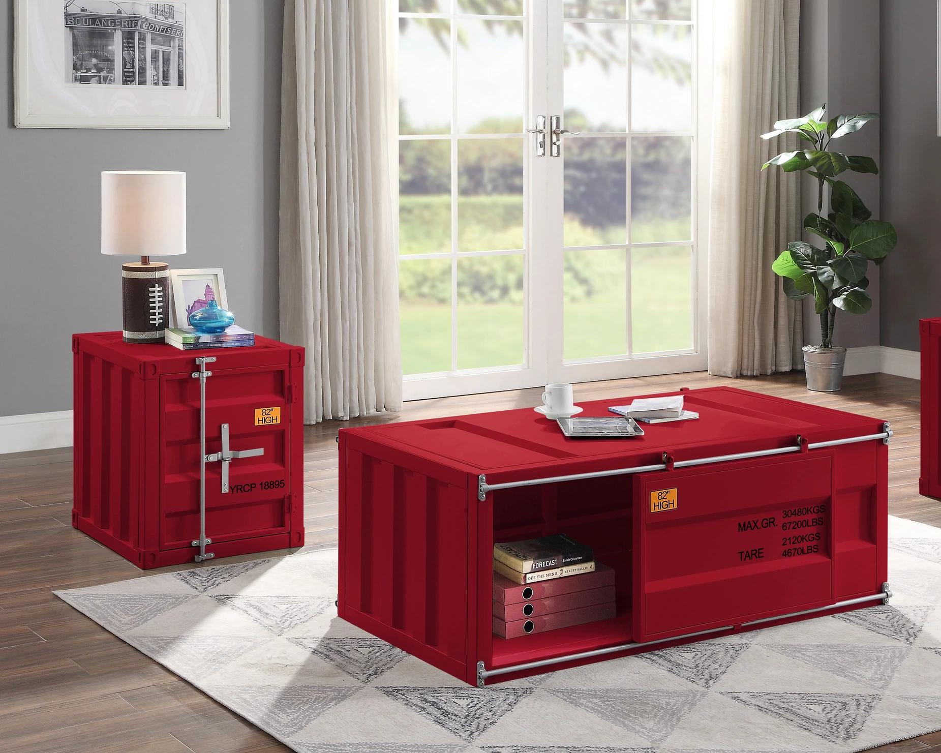 

    
Contemporary Red Metal Coffee Table + 2 End Tables by Acme Cargo 87895-3pcs
