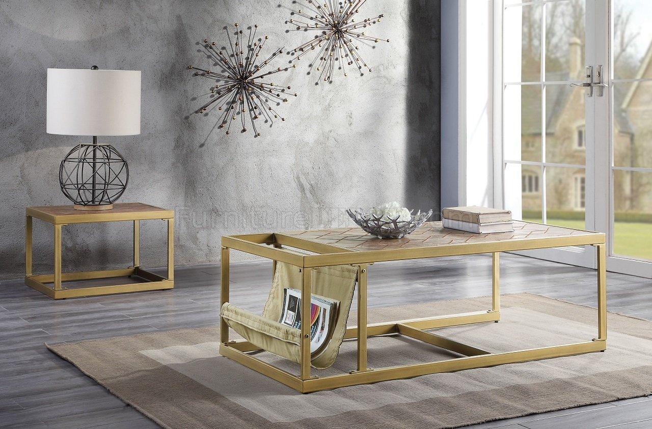 Contemporary Coffee Table and 2 End Tables Genevieve 82310-3pcs in Gold Top grain leather