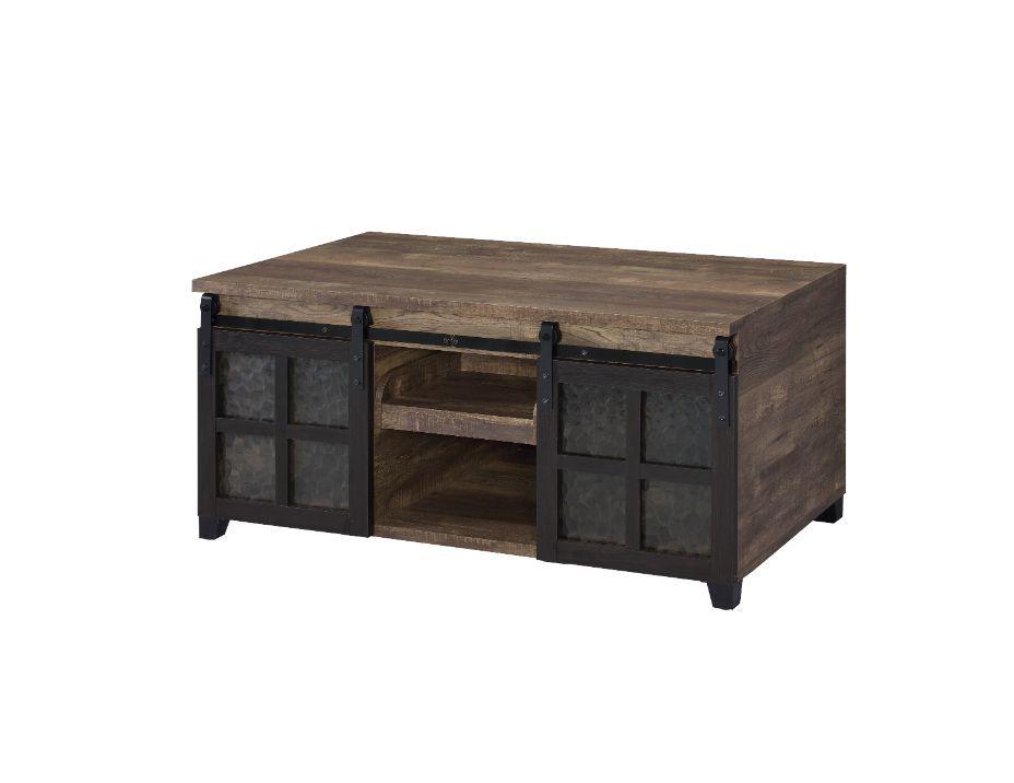 

    
Contemporary Rustic Oak & Black Finish Coffee Table by Acme Nineel 87955
