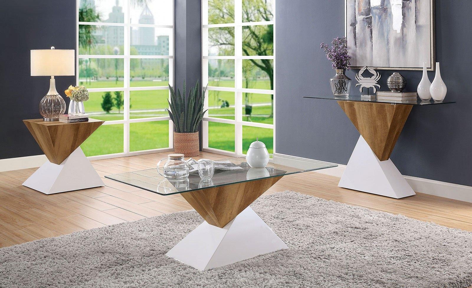 

    
Contemporary White & Natural Tempered Glass Top Coffee Table Set 3pcs Furniture of America Bima
