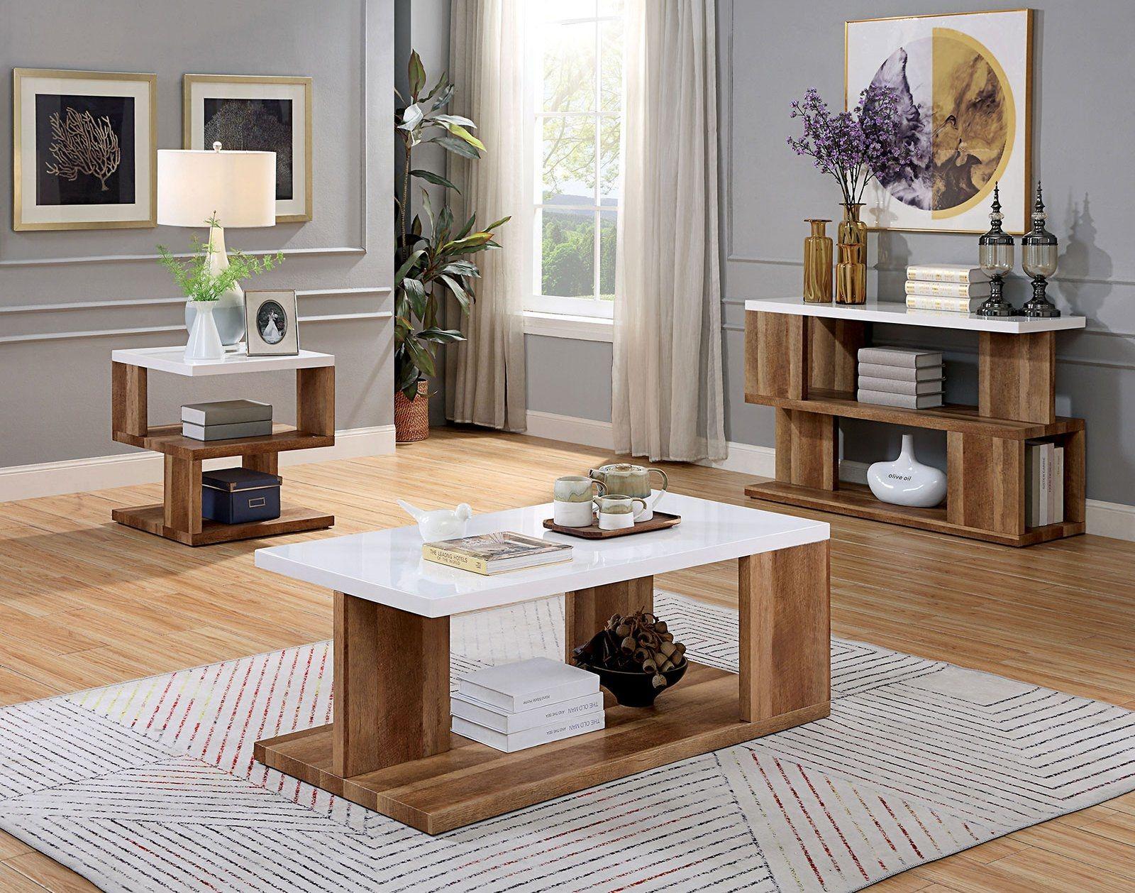 Contemporary Coffee Table and 2 End Tables FOA4496C-3PC Majken FOA4496C-3PC in Natural, White 