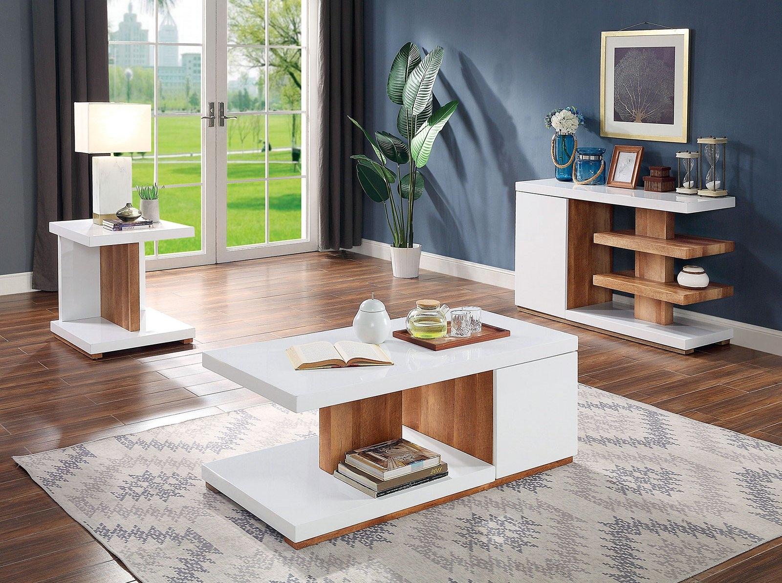 

    
Contemporary White & Natural Tone Solid Wood Coffee Table Set 3pcs Furniture of America Moa
