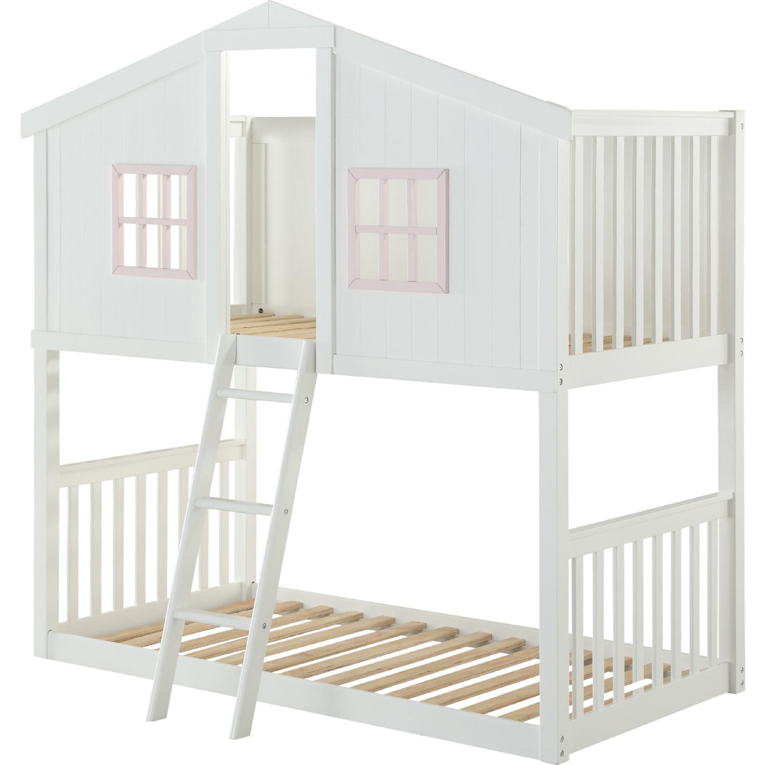 

    
Cottage White & Pink Twin/Twin Bunk Bed by Acme Rohan 37410
