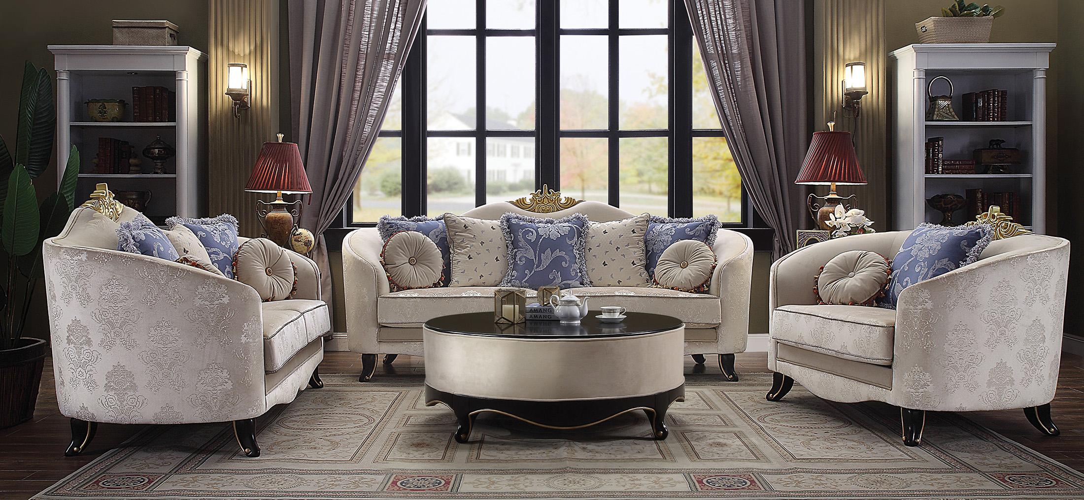 Classic, Traditional Sofa Loveseat Chair and Coffee Table Sheridan-53945 Sheridan-53945-Set-4 in Cream Fabric