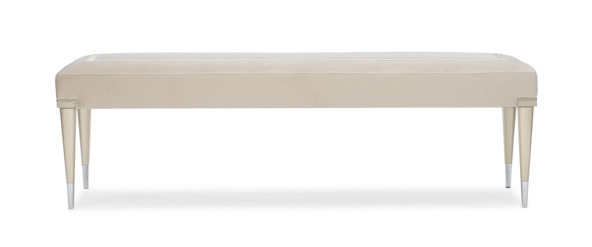 

    
Cream Velvet & Soft Silver Paint Base Bench BOARDING ON BEAUTIFUL by Caracole
