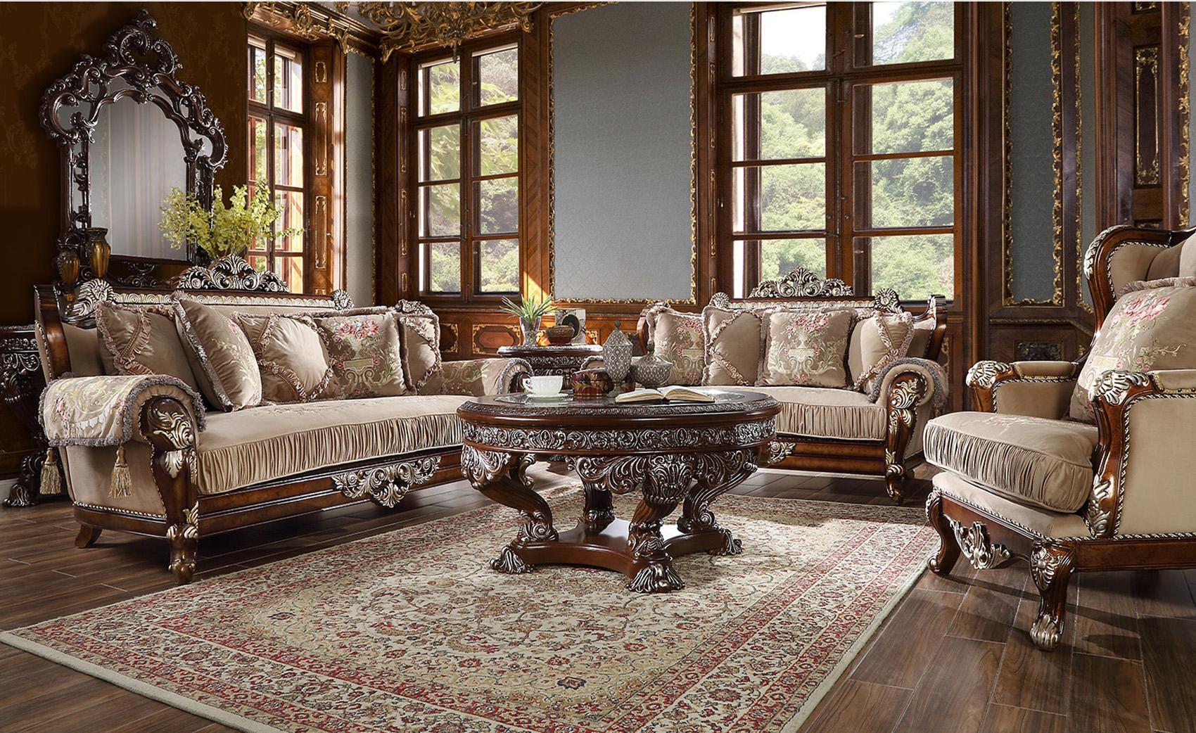 Traditional Sofa Set HD-562 HD-562-4PC in Antique Silver, Brown Fabric