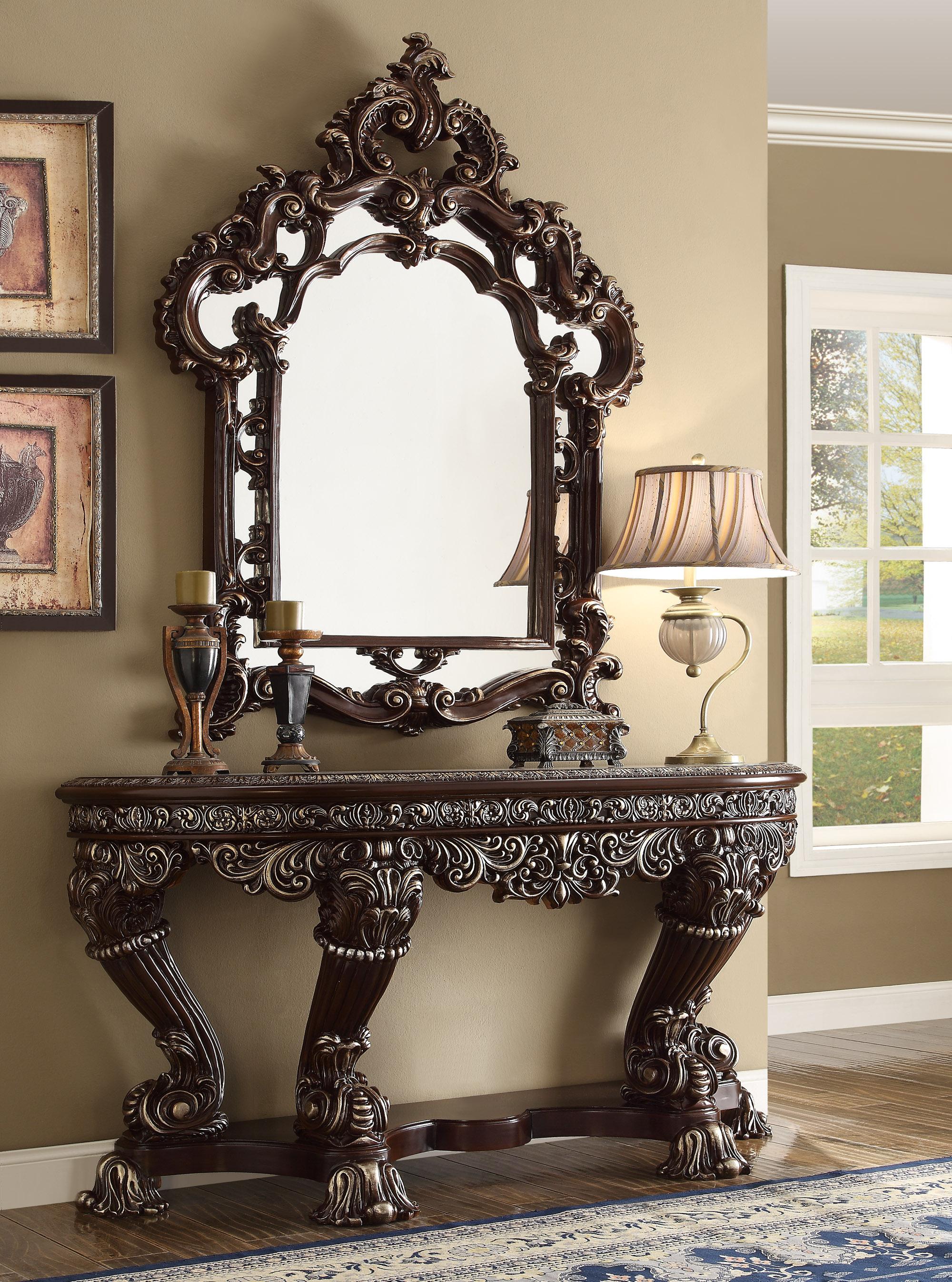

    
Dark Brown & Silver Console Table & Mirror Carved Wood Traditional Homey Design HD-8017
