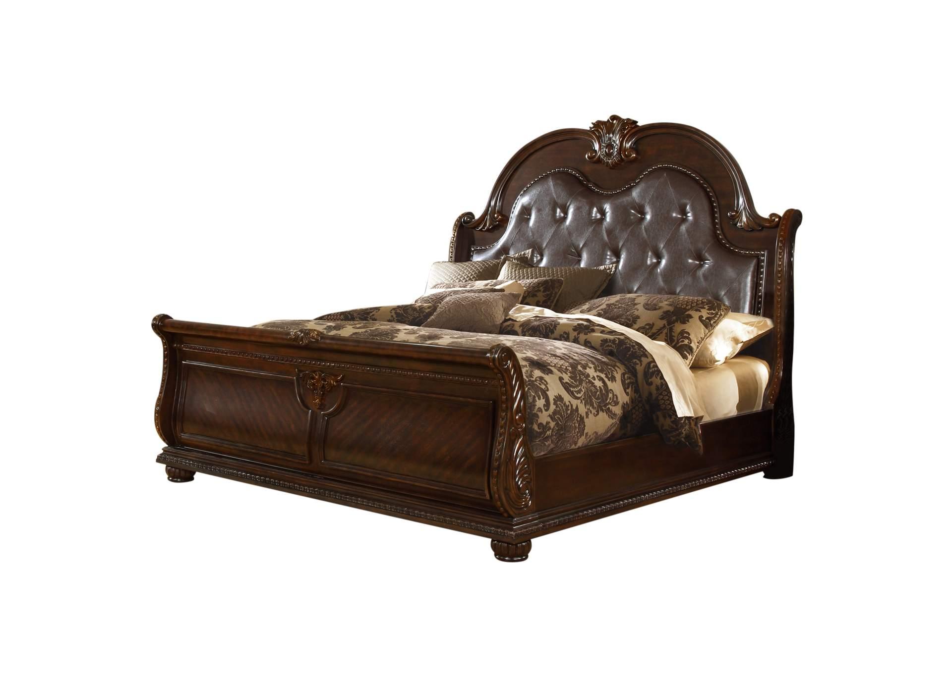 

    
Dark Walnut Carved Wood Sleigh Queen Bed ROMA Galaxy Home Traditional Classic
