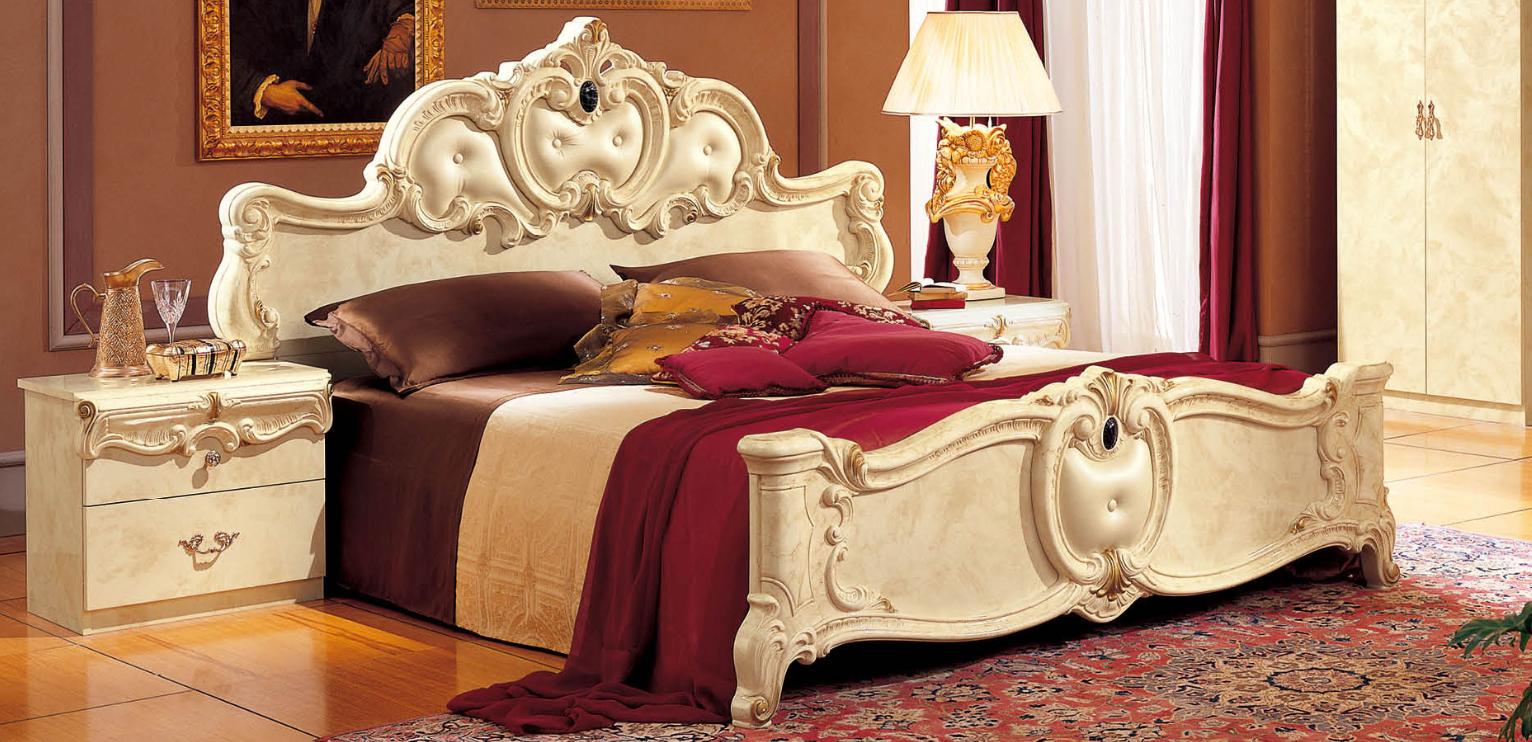 Traditional Panel Bed Barocco ESF-Barocco-Ivory-K in Ivory, Gold Eco Leather