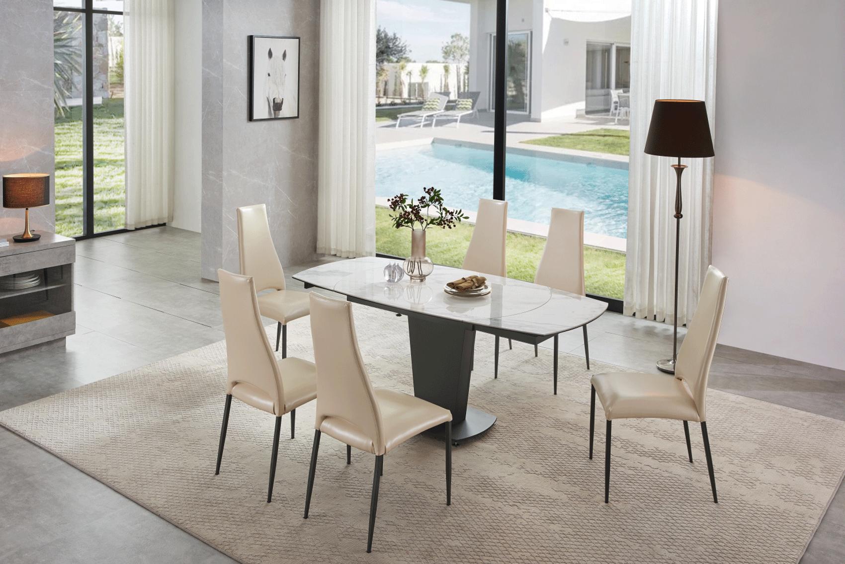 

    
Extendable White Marble Table & 3405 Beige Chairs Set 5 ESF 2417 Made in Italy
