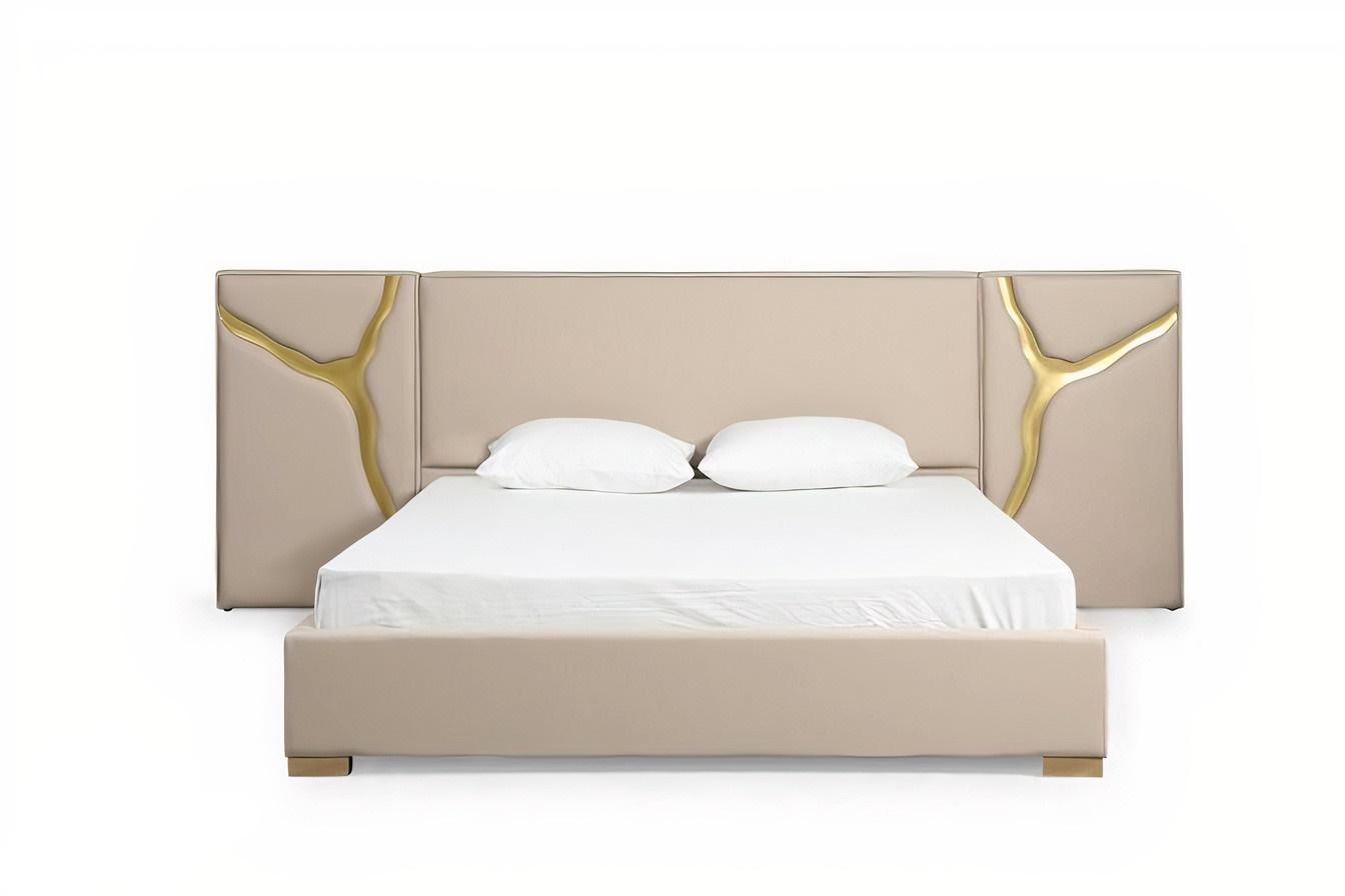

    
Glam Beige Leather & Gold Platform Bed & 2 Nightstands by Modrest Aspen
